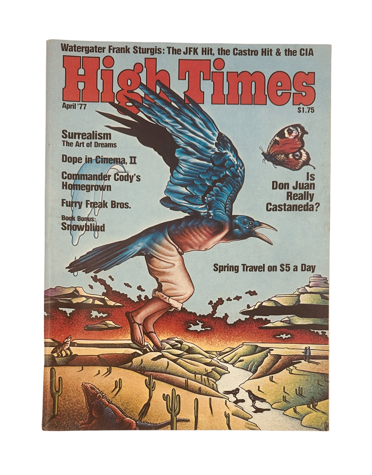 Cover of High Times Magazine April 1977 featuring Frank Sturgis, with artwork highlighting surrealism, cinematic themes, and an illustration of a bird in a desert landscape.
