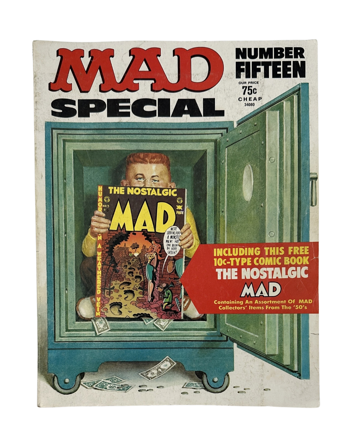 MAD Magazine Super Special No. 15 cover art featuring a boy holding the comic while hiding in a locker, 1974 edition.