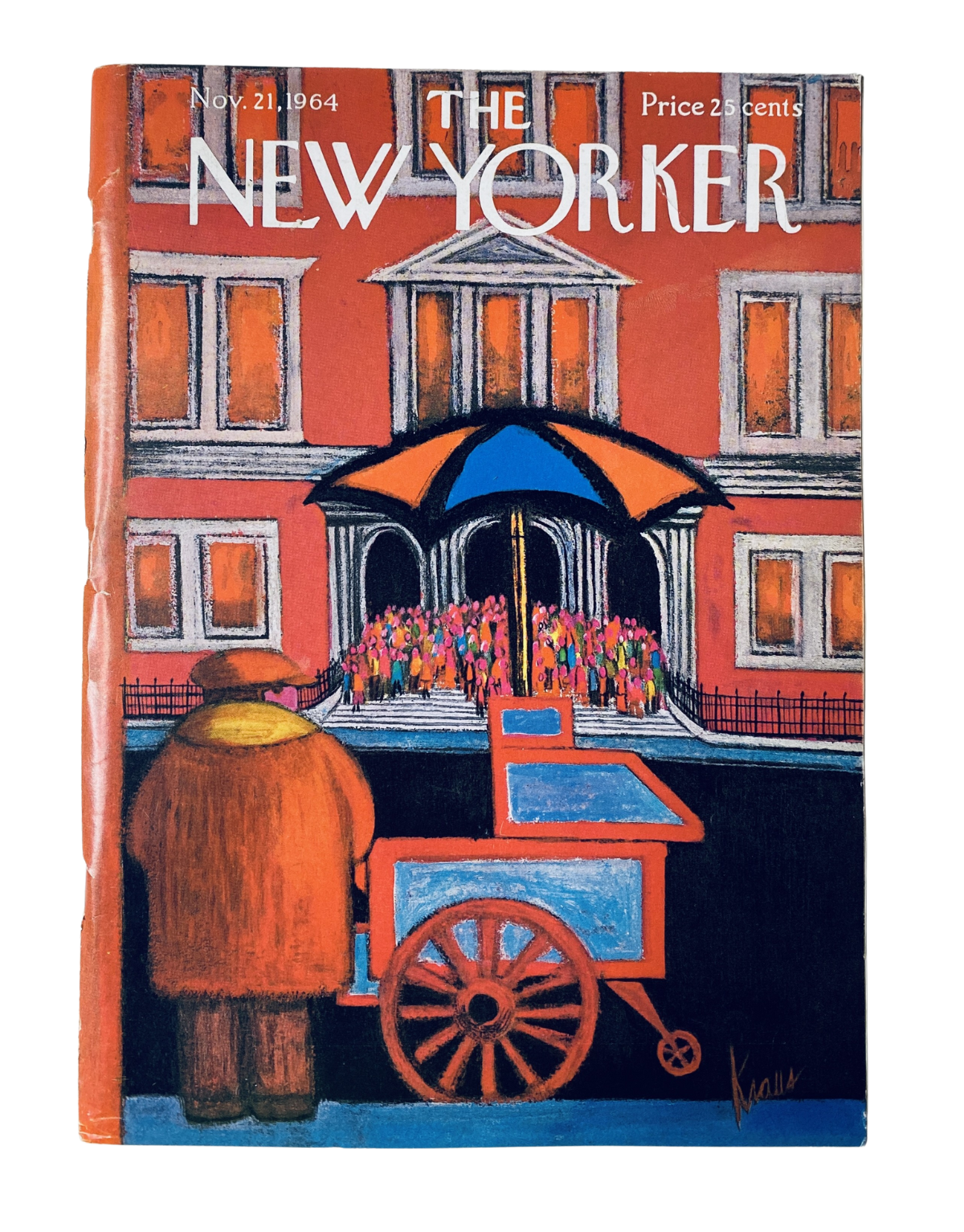 Cover of The New Yorker Magazine dated November 21, 1964 featuring a colorful illustration of a street vendor with a cart, designed by R. Kraus.