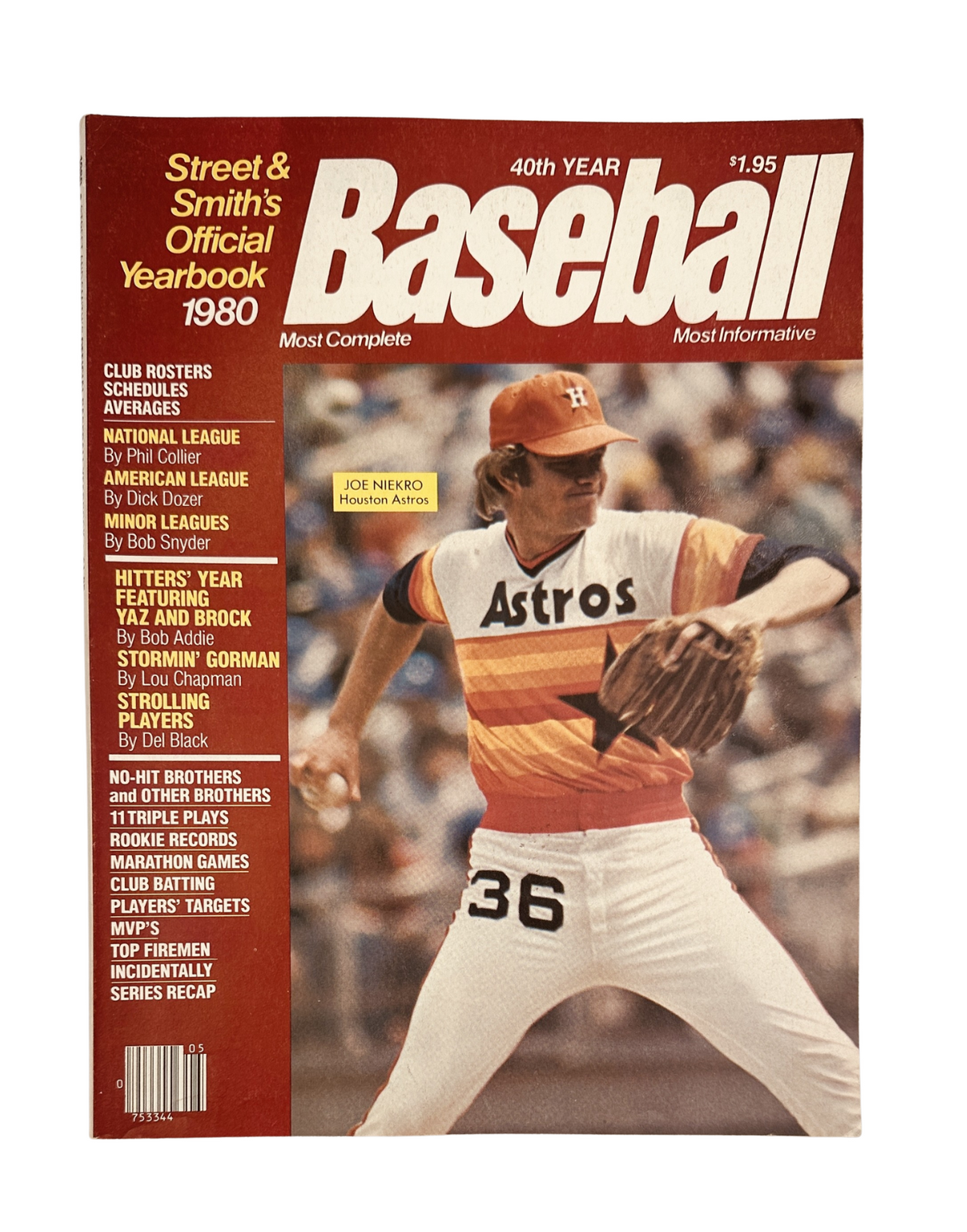 Cover of Street and Smith’s Baseball Magazine 1980 Yearbook featuring Joe Niekro of the Houston Astros, showcasing vibrant colors and graphics related to baseball. The magazine is titled 'Baseball' and marked as the 40th year edition.