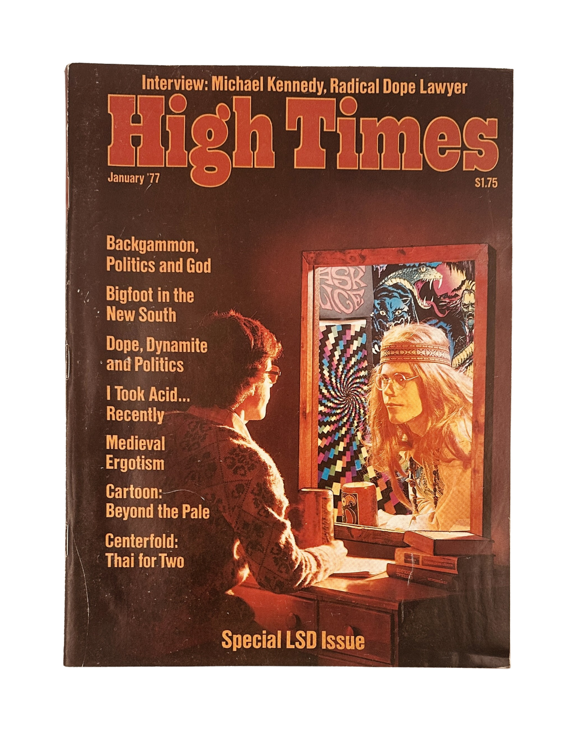 High Times Magazine January 1977 cover featuring an interview with Michael Kennedy, with vibrant psychedelic art and themes like Bigfoot and LSD.