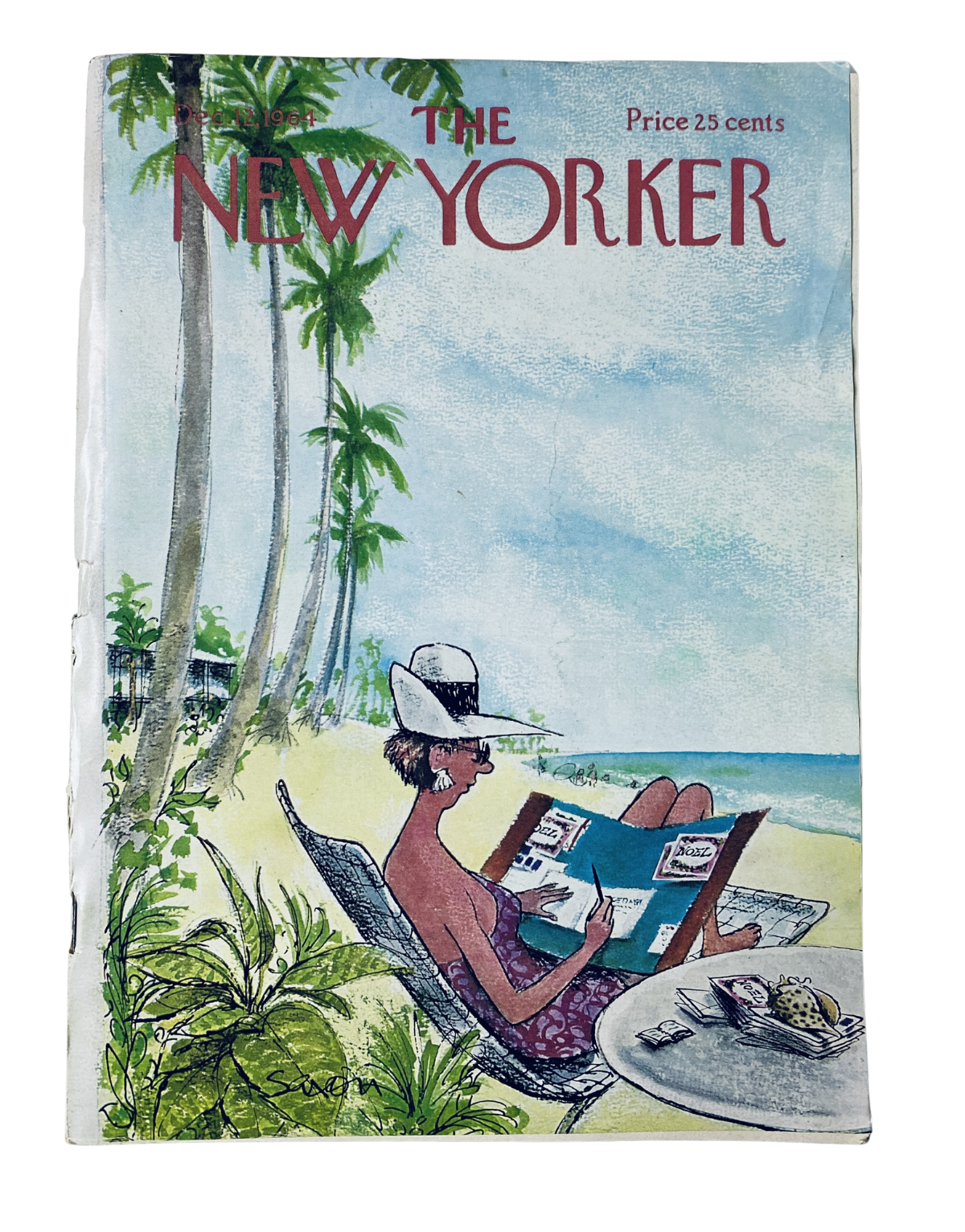 The New Yorker Magazine December 12, 1964, featuring a beach reading scene with palm trees on the cover, illustrated by Saxon. The image depicts a relaxed figure reading on a beach chair with a serene seaside backdrop.