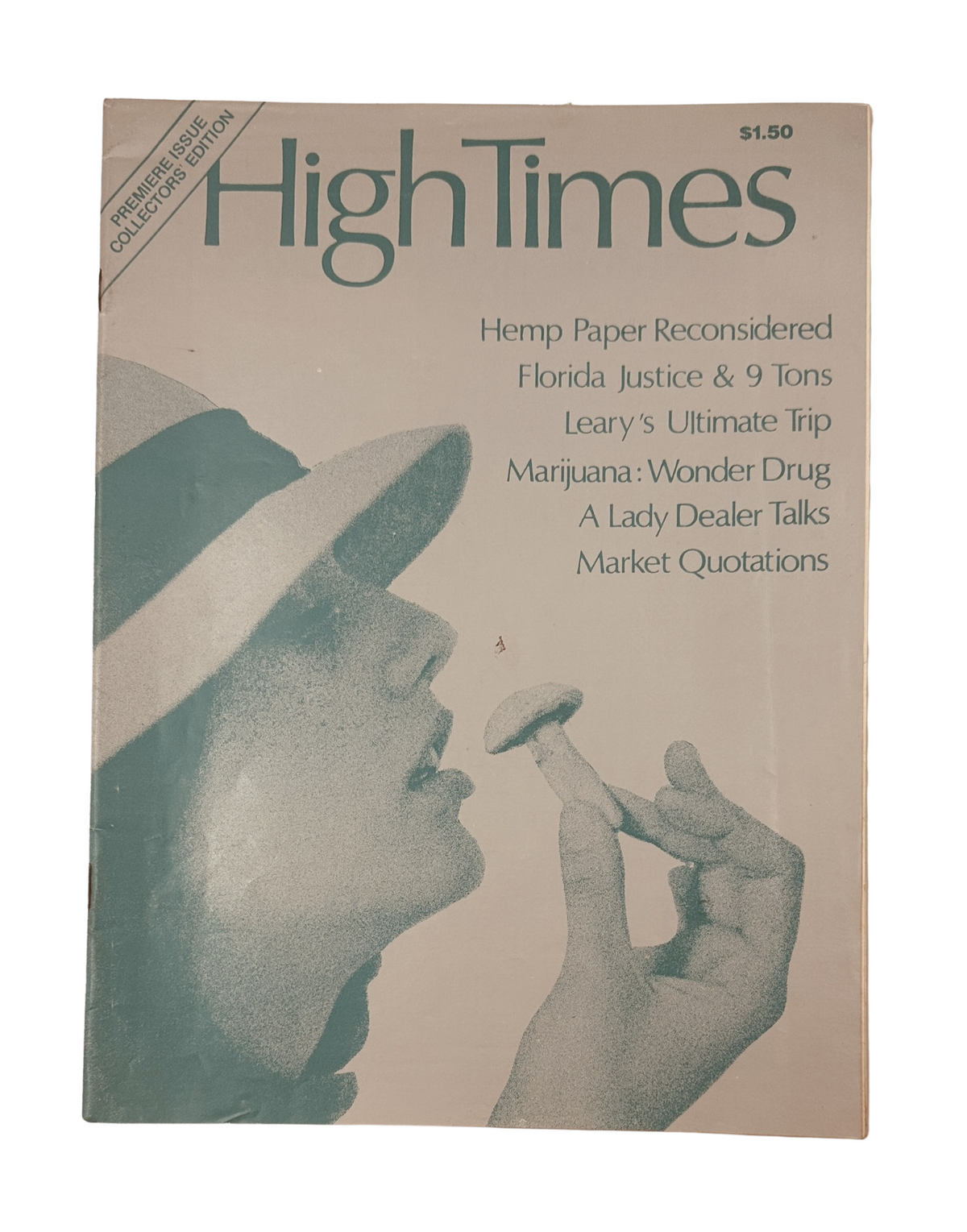 High Times Magazine 1974 Premiere Issue Collectors Edition cover featuring an artistic profile image with a girl holding a marijuana joint, showcasing the magazine's focus on cannabis culture.