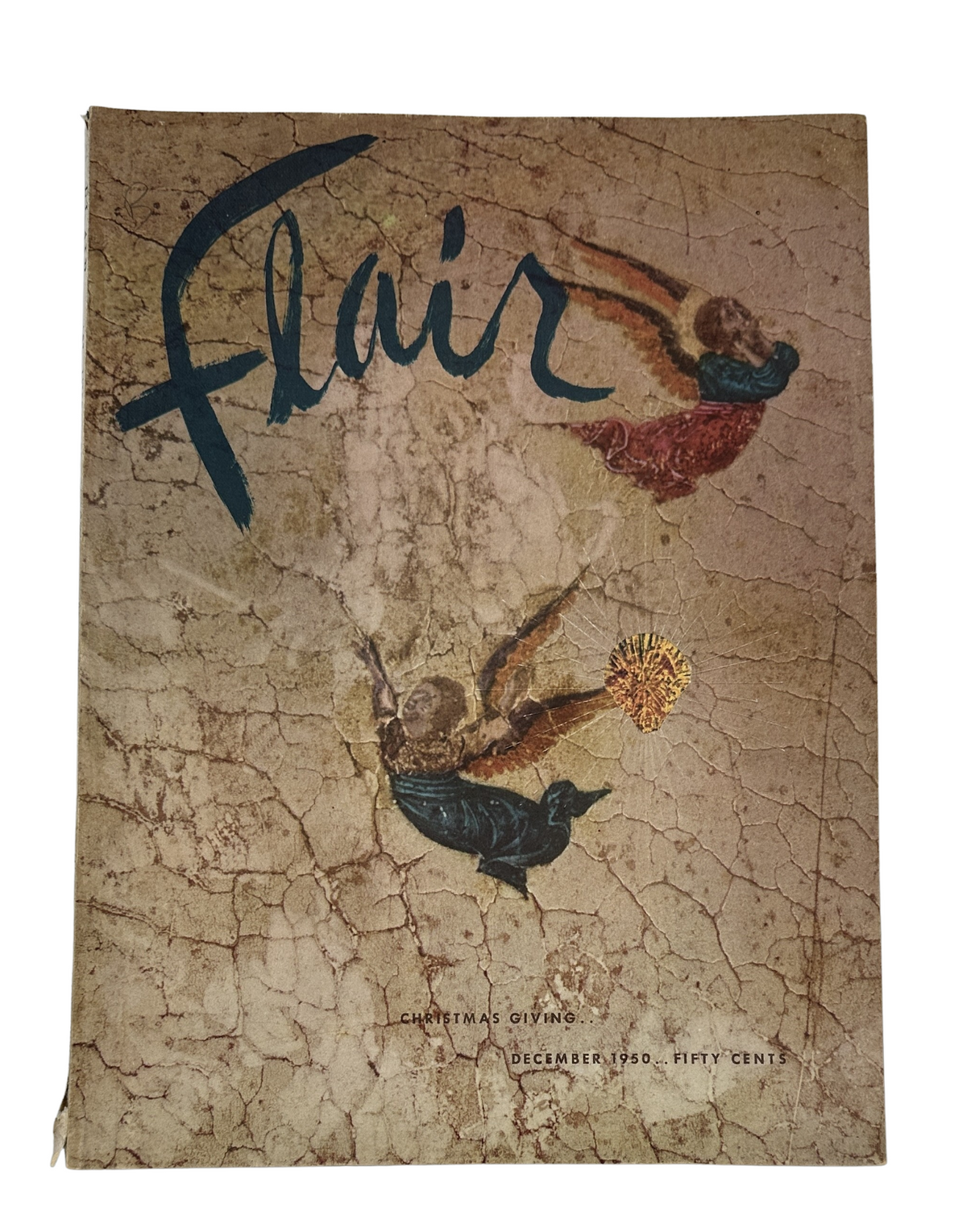 Cover of Flair Magazine December 1950 Christmas Issue featuring artwork with festive themes. The title 'Flair' is prominently displayed, accompanied by artistic depictions suitable for the holiday season.