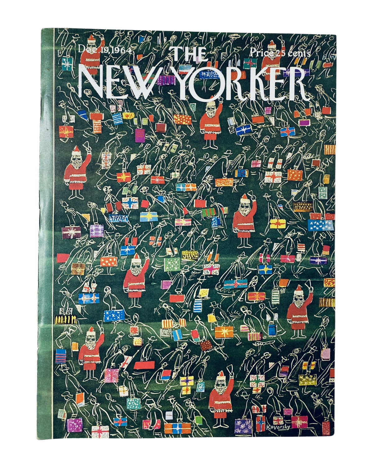 The New Yorker Magazine December 19, 1964 cover featuring colorful Santa gift patterns, designed by A. Kovarsky.