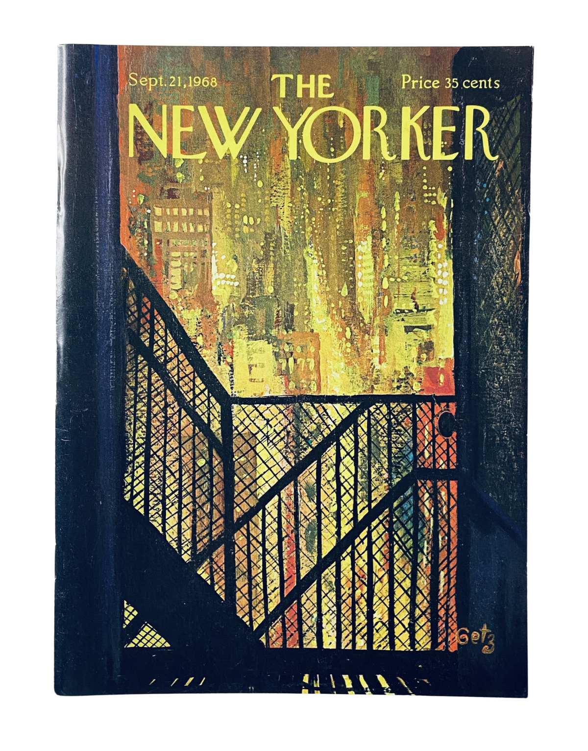 The New Yorker Magazine September 21, 1968 cover by Arthur Getz featuring a vibrant cityscape illustration. This collectible item is in very good condition with light edge wear.
