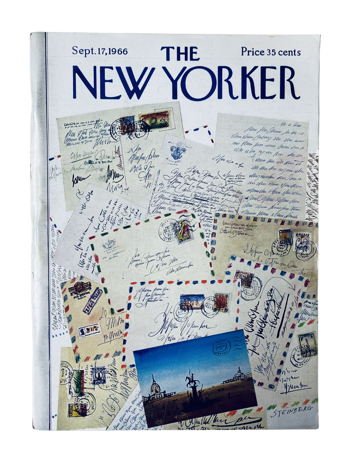Cover of The New Yorker Magazine from September 17, 1966, featuring an artistic collage of letters and postcards with various stamps, designed by S. Steinberg.