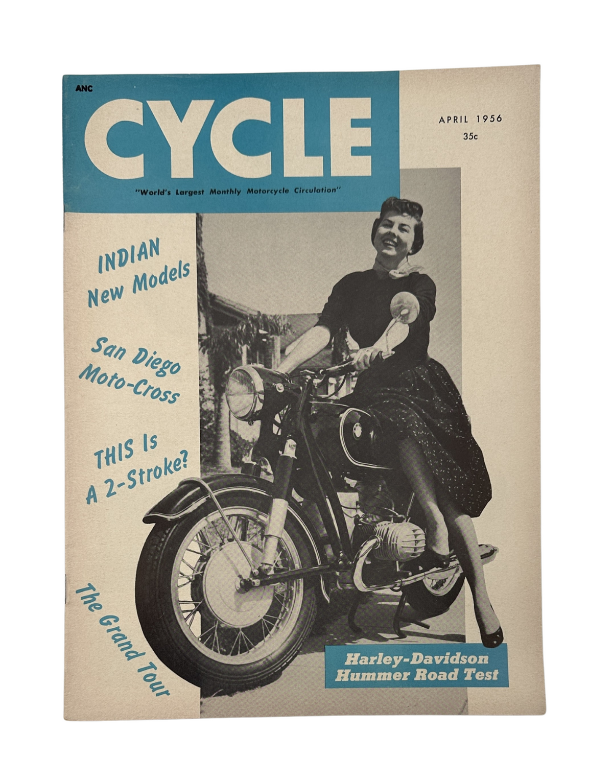 Cycle Magazine April 1956 featuring a cover image with a woman on a Harley Davidson Hummer motorcycle, promoting articles on Indian models and San Diego Moto-Cross.