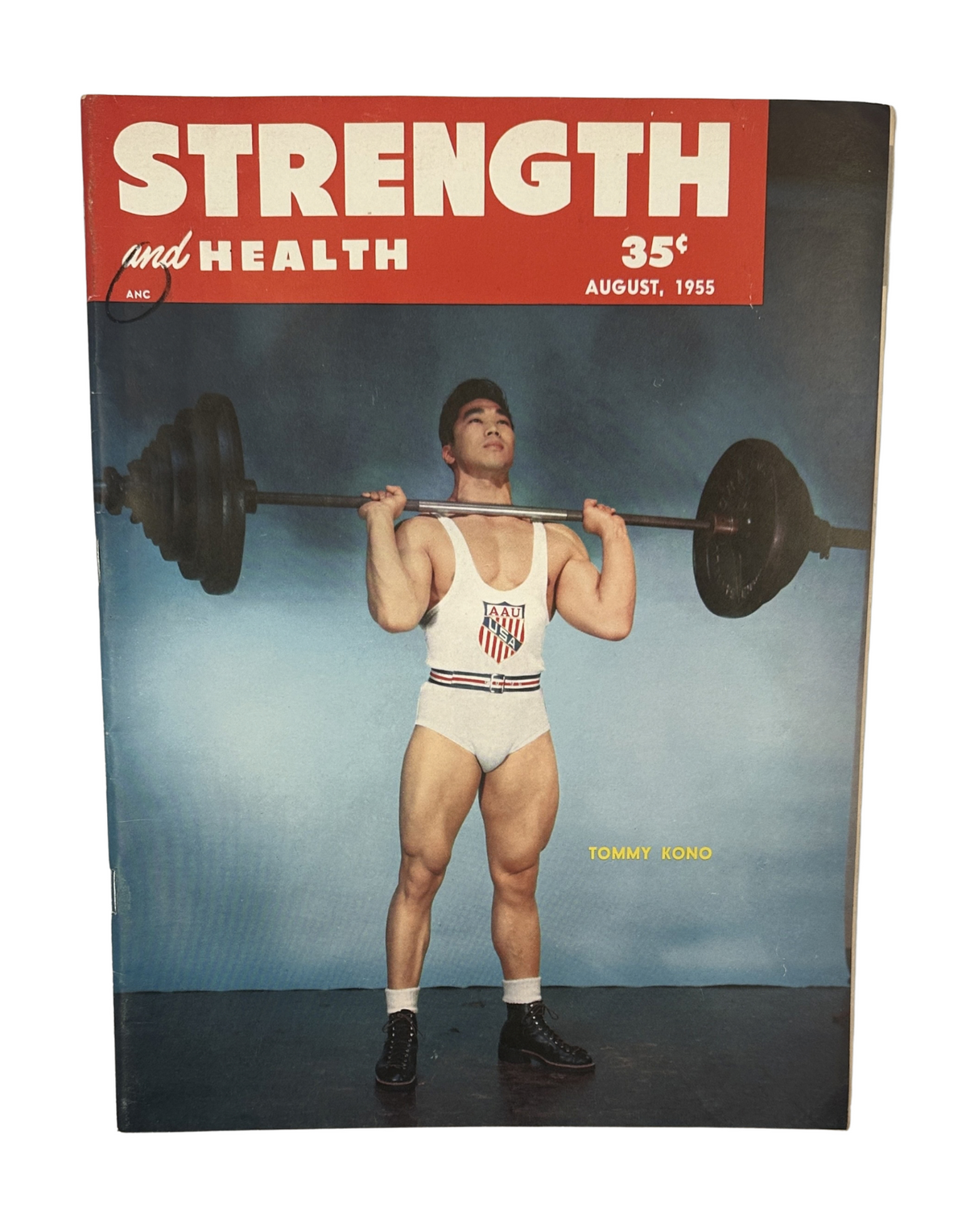 Cover of Strength and Health Magazine, August 1955, featuring Tommy Kono lifting a barbell, highlighting weightlifting and fitness.