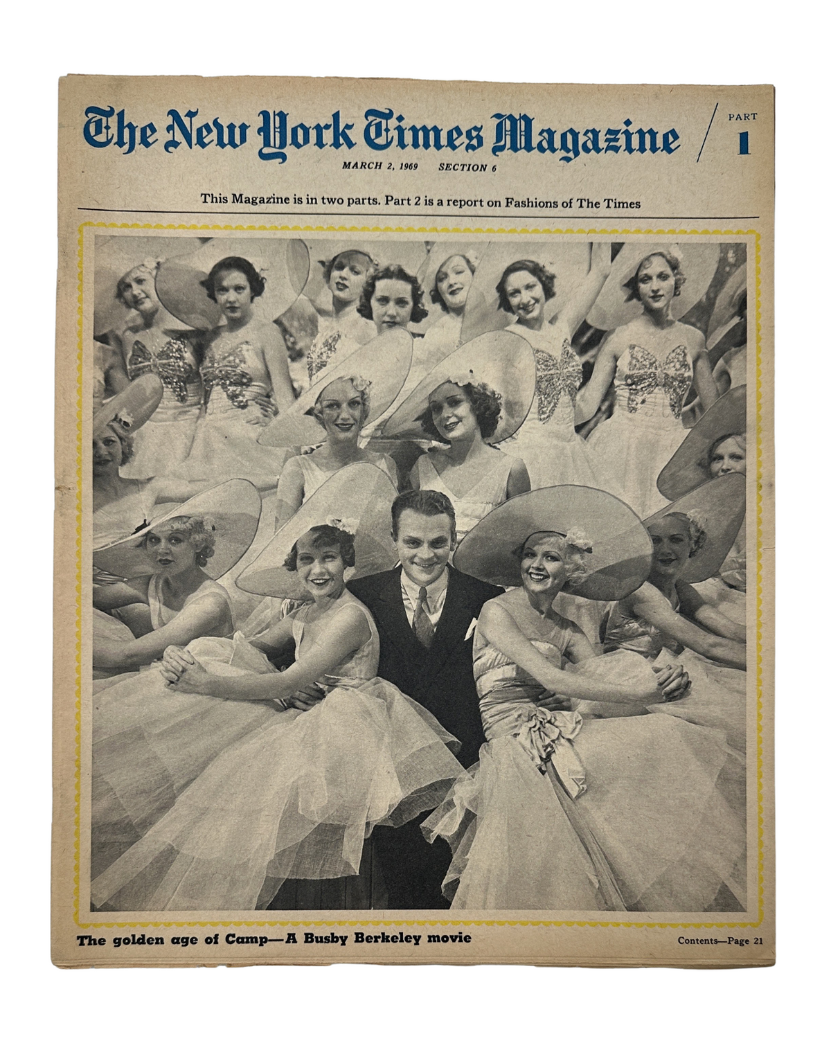 Cover of The New York Times Magazine March 2, 1969 featuring a vibrant Busby Berkeley movie scene with elegantly dressed dancers in large hats. The magazine is in very good condition, showing light edge wear.