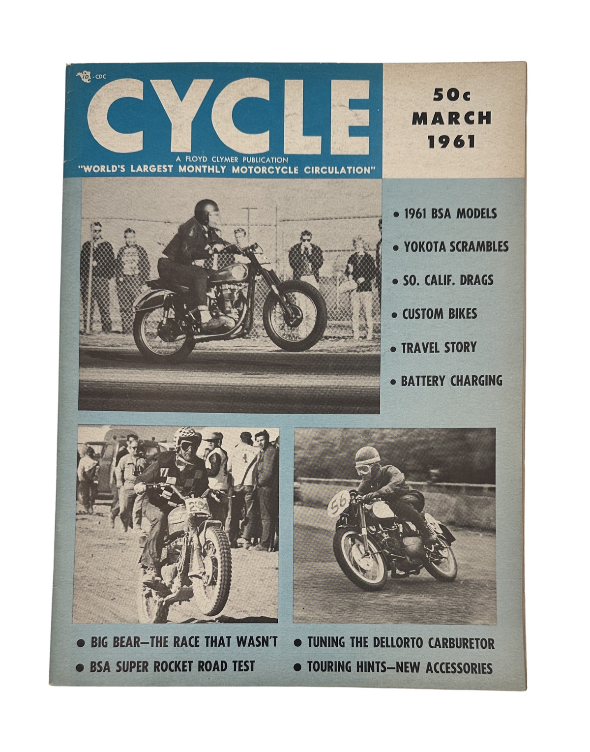 Cycle Magazine March 1961 cover featuring articles on BSA Super Rocket Road Test, Yokota Scrambles, and Southern California Drag Racing, with an image of motorcycle racers.