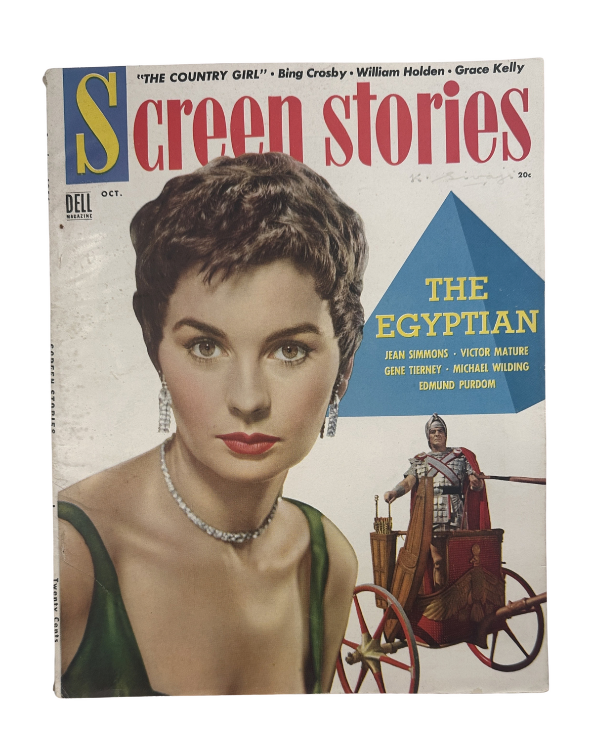 Cover of Screen Stories Magazine October 1954 featuring The Egyptian with Jean Simmons, Victor Mature, and Grace Kelly, showcasing a stylish portrait of Jean Simmons.