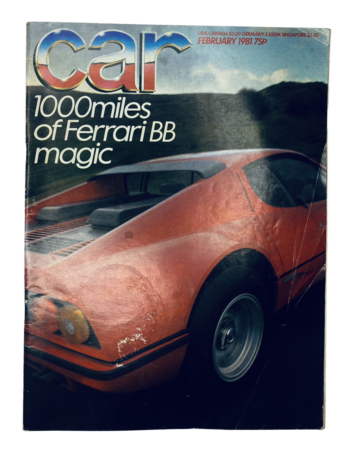 Car Magazine February 1981 cover featuring the Ferrari BB, showcasing '1000 miles of Ferrari BB magic' with a vibrant orange car and scenic background.