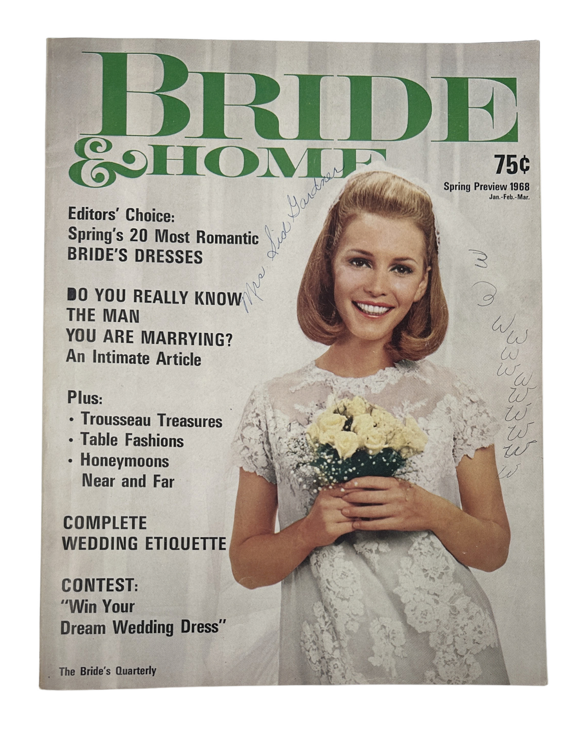 Bride & Home Magazine Spring Preview 1968 cover featuring a woman in a romantic wedding dress, promoting articles about bridal fashions, honeymoons, and wedding etiquette, with handwritten notes and editor's choice highlighted.