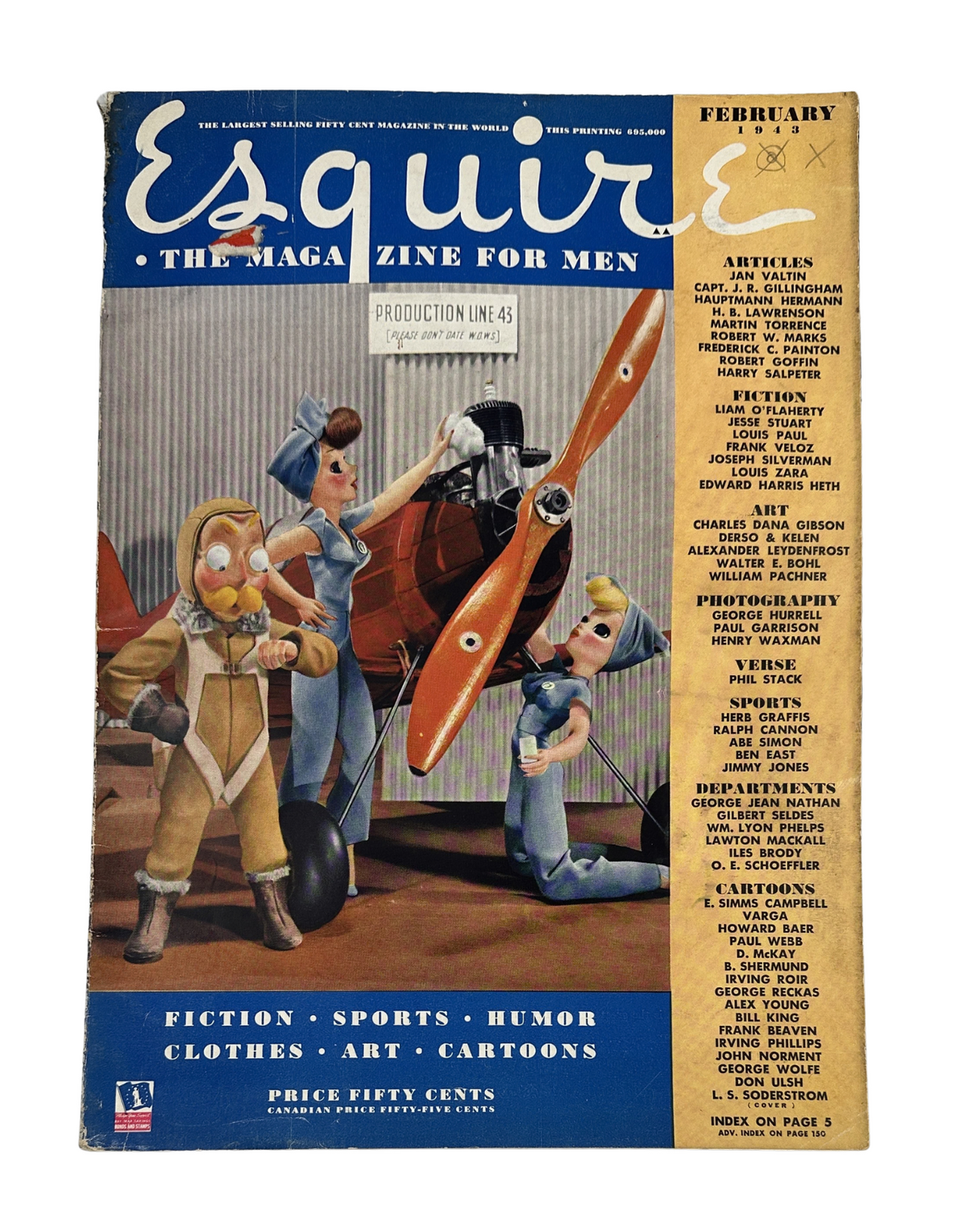 Cover of Esquire Magazine February 1943 featuring a Varga Spitfire, Gibson Girl, and Darnell pinup, showcasing vintage illustrations and a classic design.