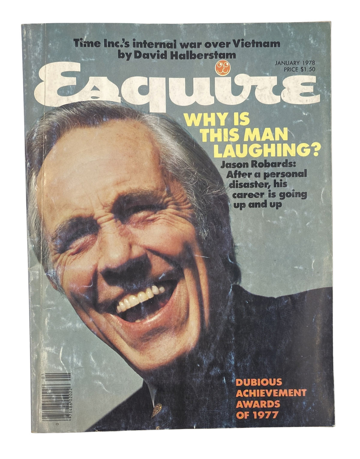Cover of Esquire Magazine from January 1978 featuring Jason Robards and the Dubious Achievement Awards, showcasing a smiling Robards with the headline 'Why is This Man Laughing?' and mentioning notable articles including 'Time Inc.’s Internal War over Vietnam'.