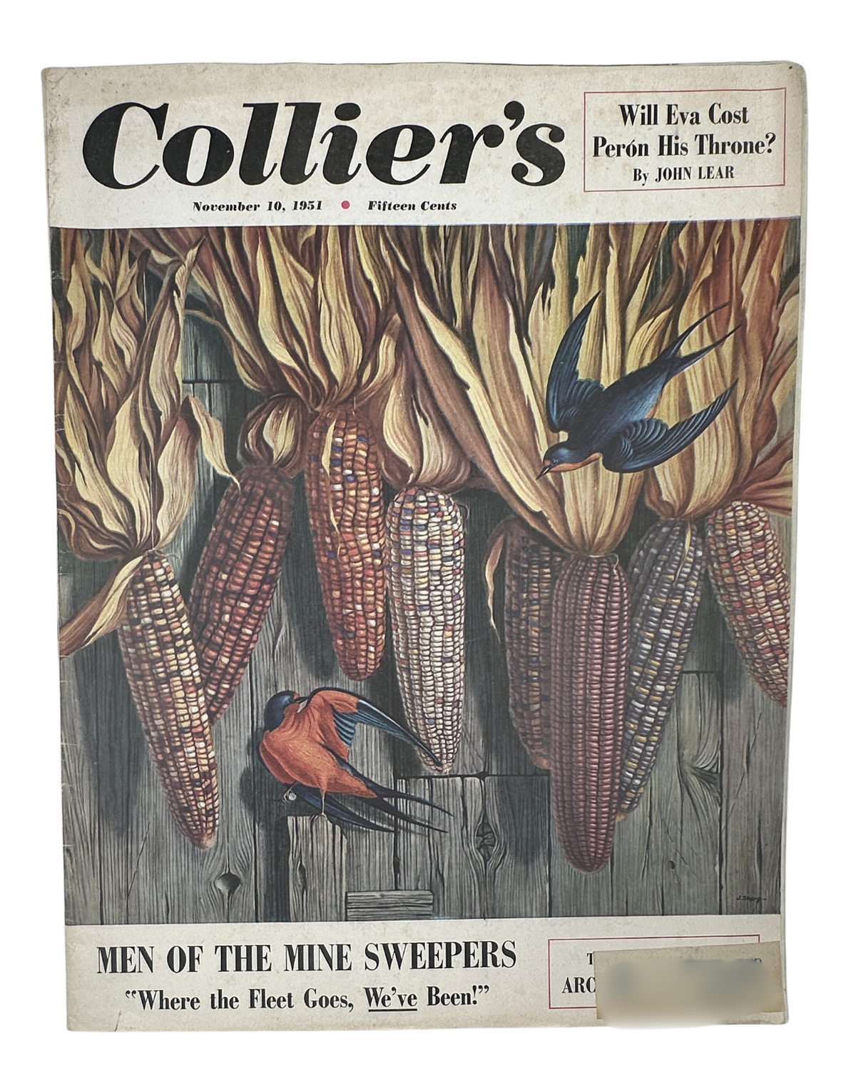 Collier’s Magazine cover from November 10, 1951 featuring an illustration of corn and birds, highlighting the article by John Lear about Eva Perón.