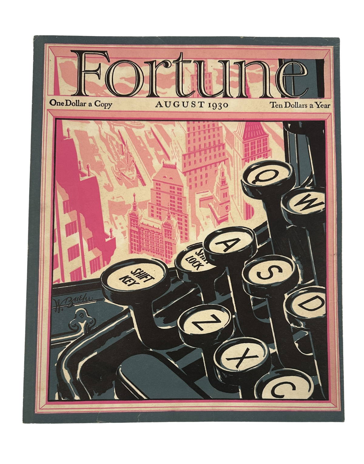 Cover of Fortune Magazine, August 1930, featuring typewriter keys with a cityscape backdrop and Gandhi’s presence amidst skyscrapers.