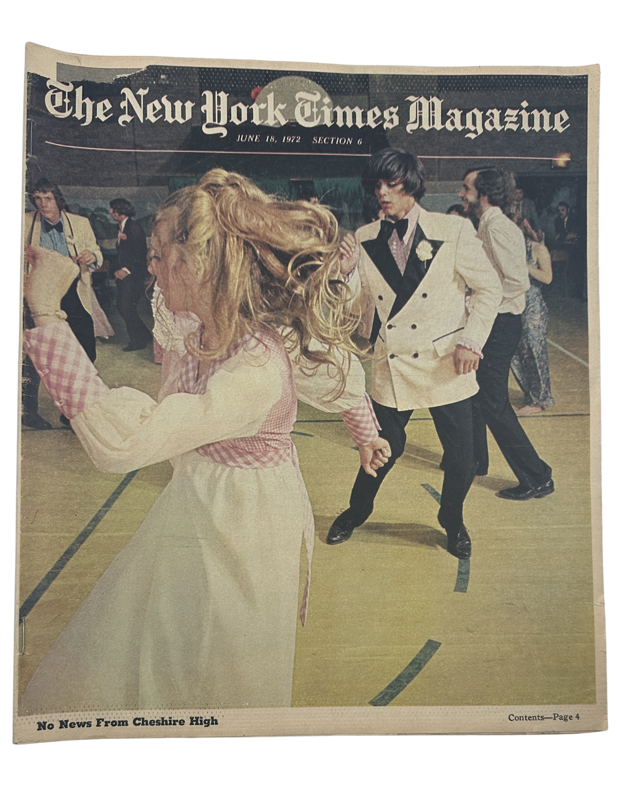 Cover of The New York Times Magazine from June 18, 1972, featuring a dance scene at Cheshire High School. The image captures a lively prom atmosphere with elegantly dressed participants.