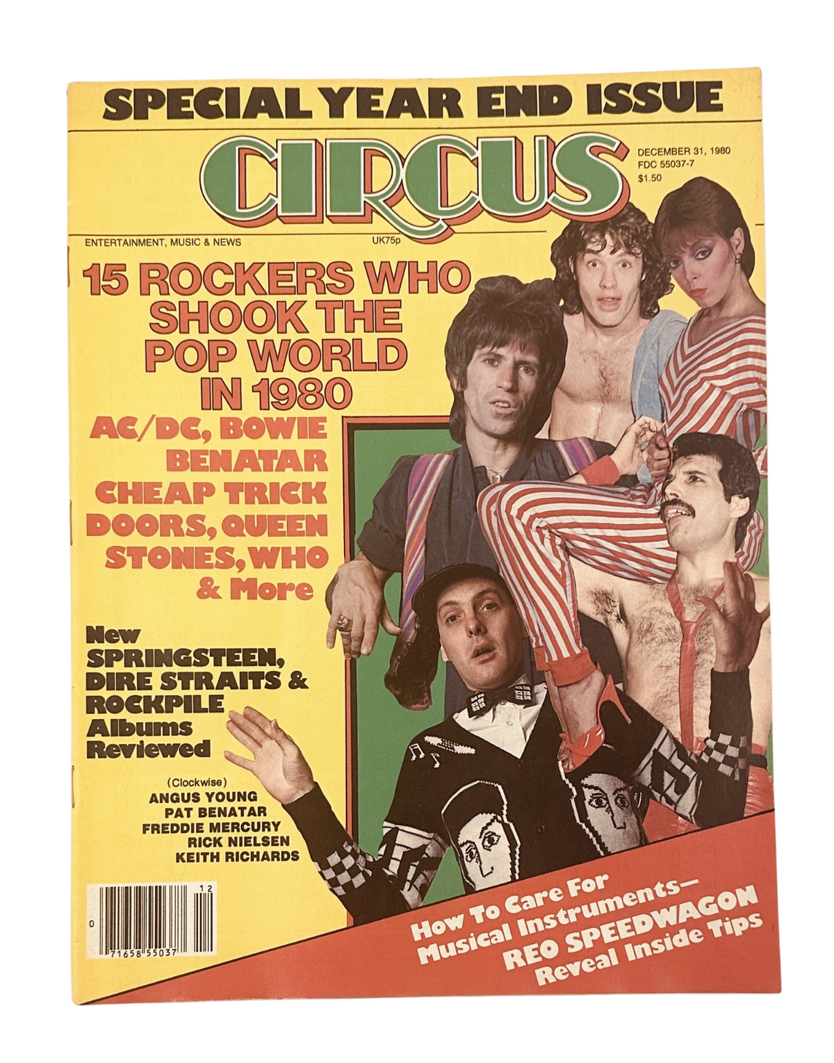 Cover of Circus Magazine from December 31, 1980 featuring the title '15 Rockers Who Shook the Pop World in 1980'. The cover highlights artists like AC/DC, Pat Benatar, Cheap Trick, and more, emphasizing a year in music with reviews and insights on rock bands and their impact.