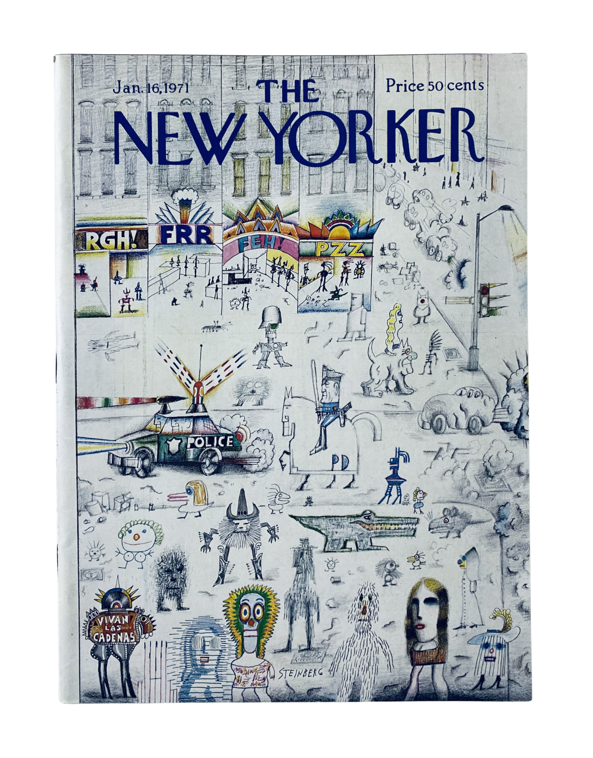 Cover of The New Yorker Magazine January 16, 1971 featuring a Saul Steinberg cartoon depicting a lively city scene with various figures and whimsical elements. This issue is known for its artistic representation and is in very good condition.