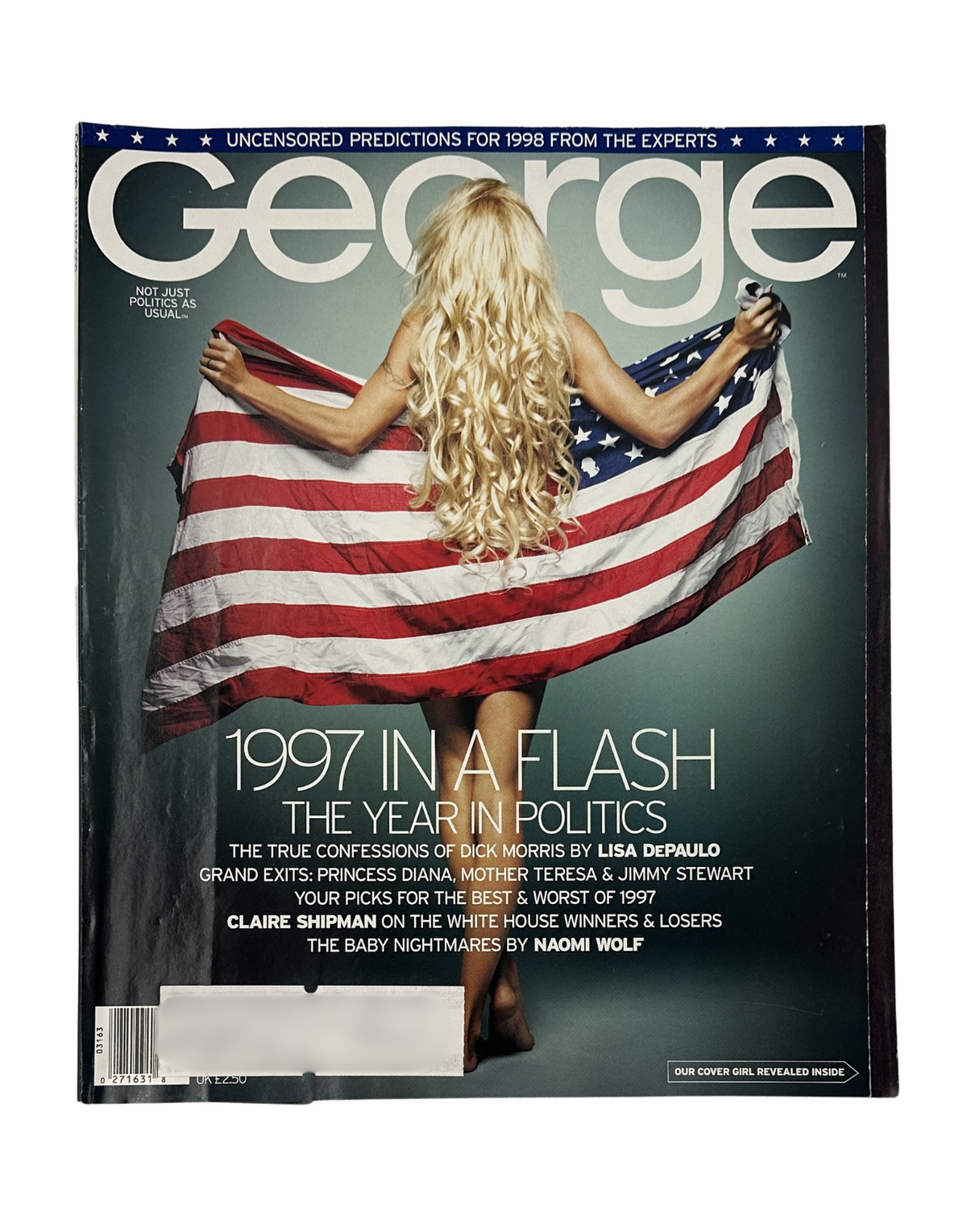 Cover of George Magazine January 1998 featuring Pamela Anderson Lee holding an American flag, with the headline '1997 IN A FLASH - THE YEAR IN POLITICS' highlighting notable events.