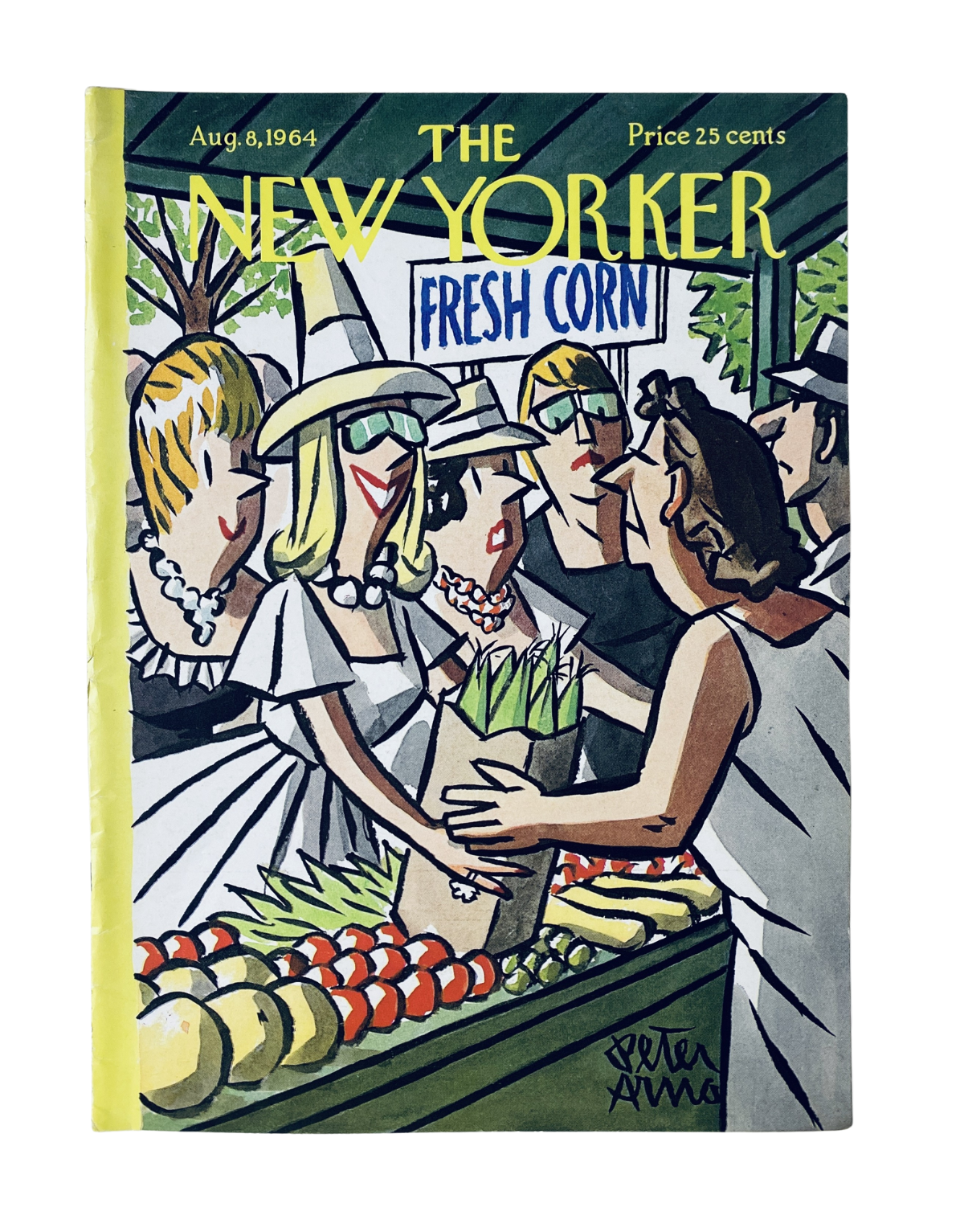 The New Yorker Magazine August 8, 1964 cover featuring an illustration by Peter Arno depicting people in a fresh corn market.