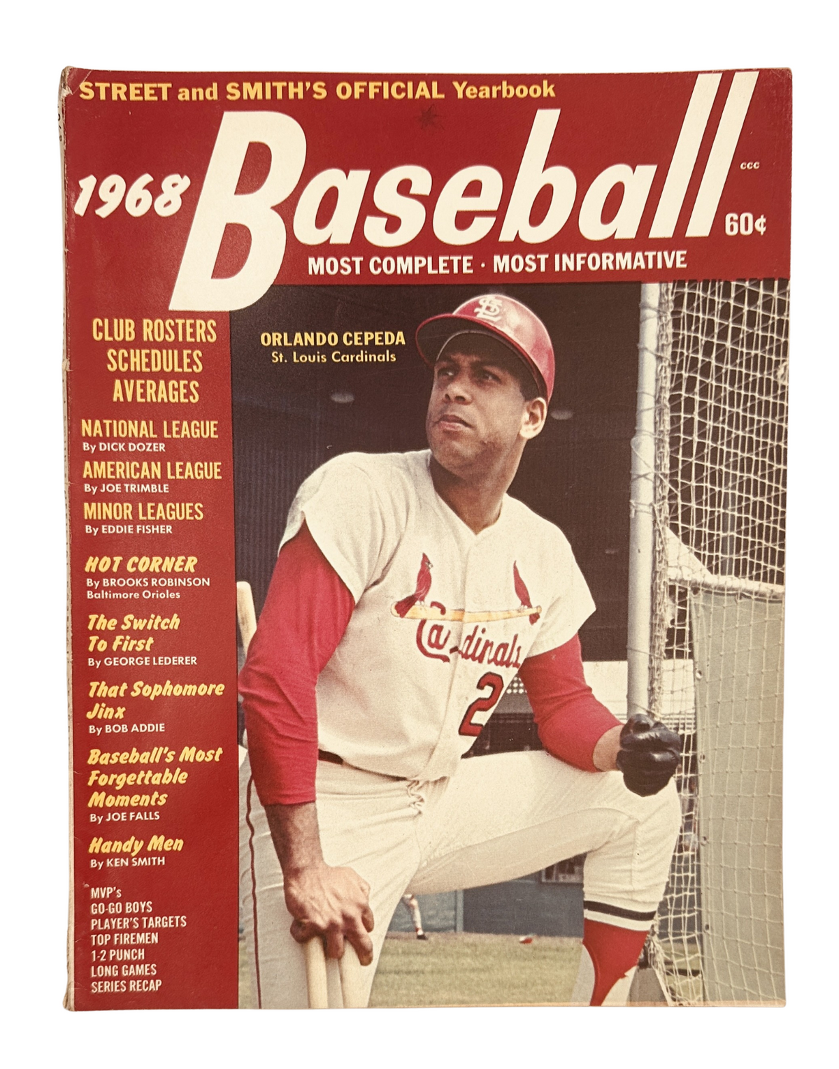 Cover of Street and Smith's Baseball Magazine 1968 Yearbook featuring Orlando Cepeda of the St. Louis Cardinals, showcasing the magazine title, price, and design elements.