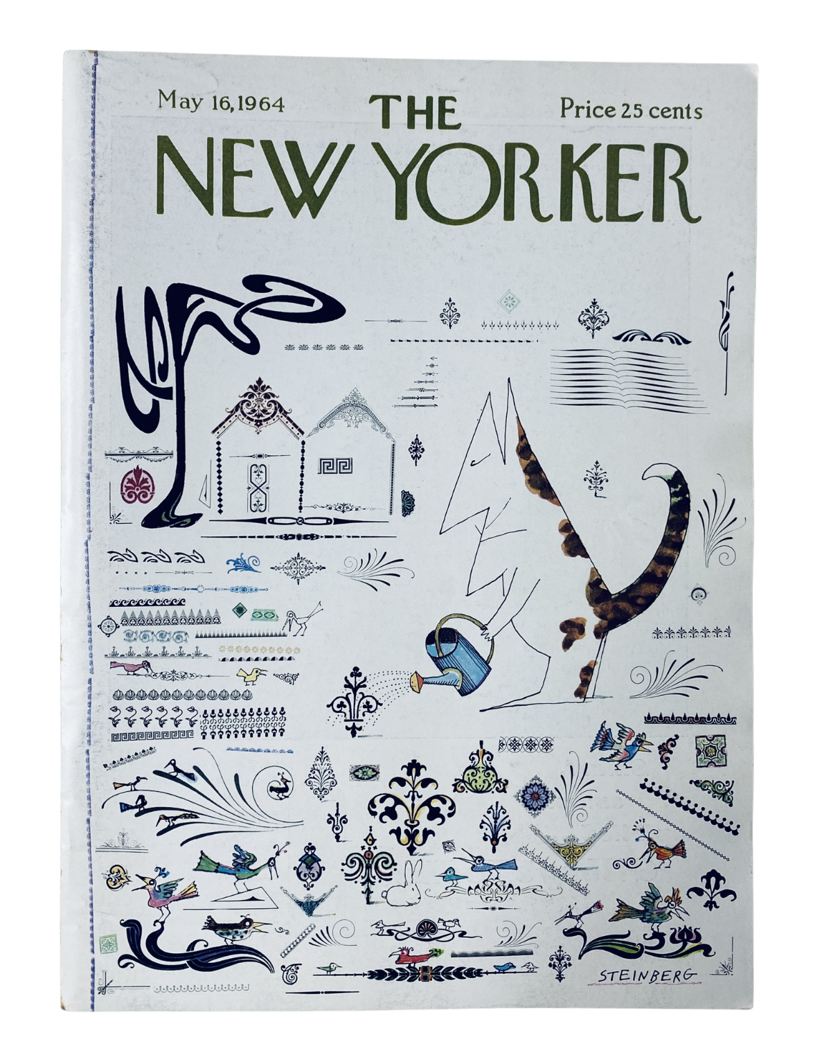 Cover of The New Yorker Magazine from May 16, 1964 featuring Saul Steinberg typography art design, retailing for 25 cents.
