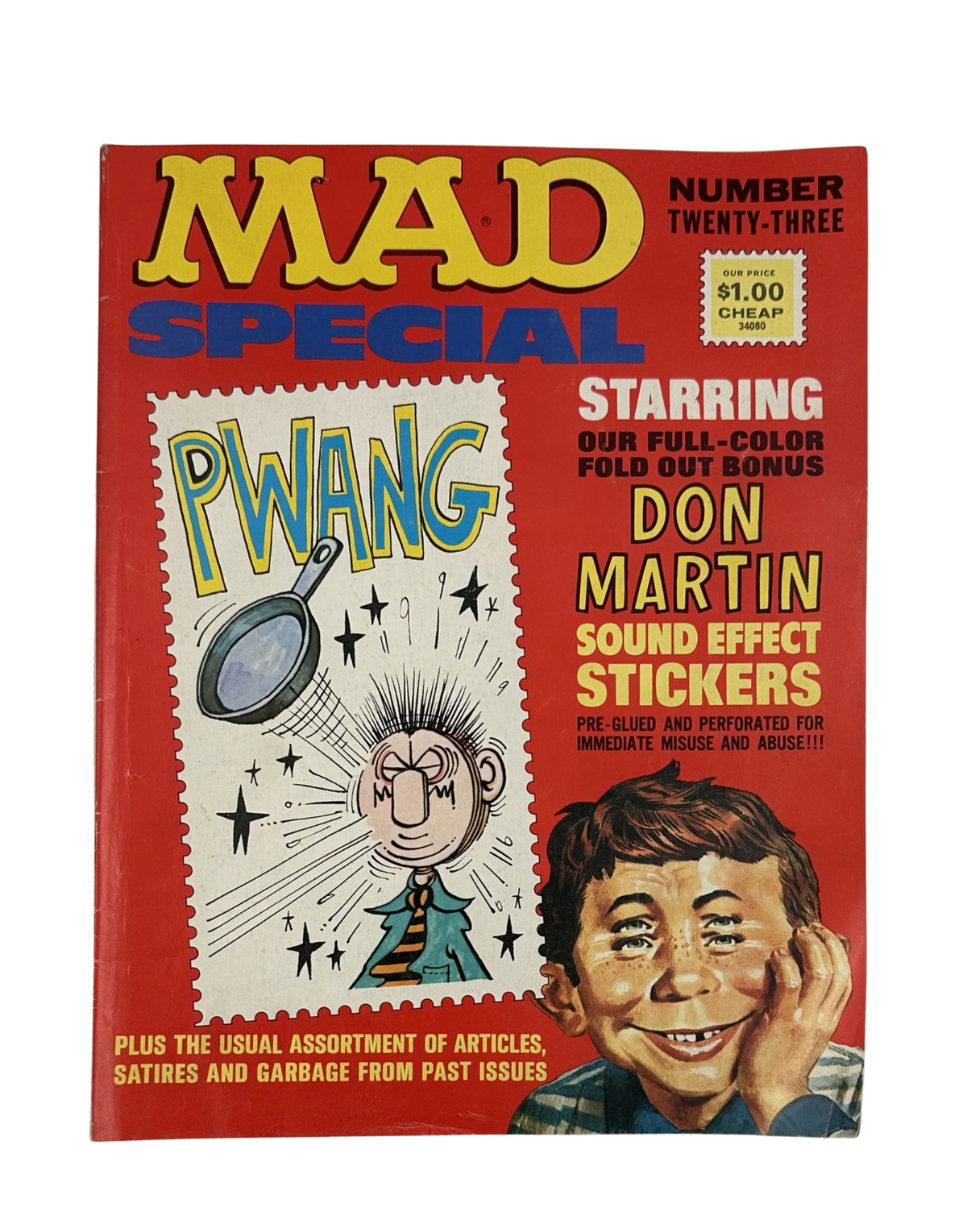 Cover of MAD Magazine Super Special No. 23 from 1977 featuring Don Martin Sound Effect Stickers, colorful cartoon art with the title 'PWANG' prominently displayed.