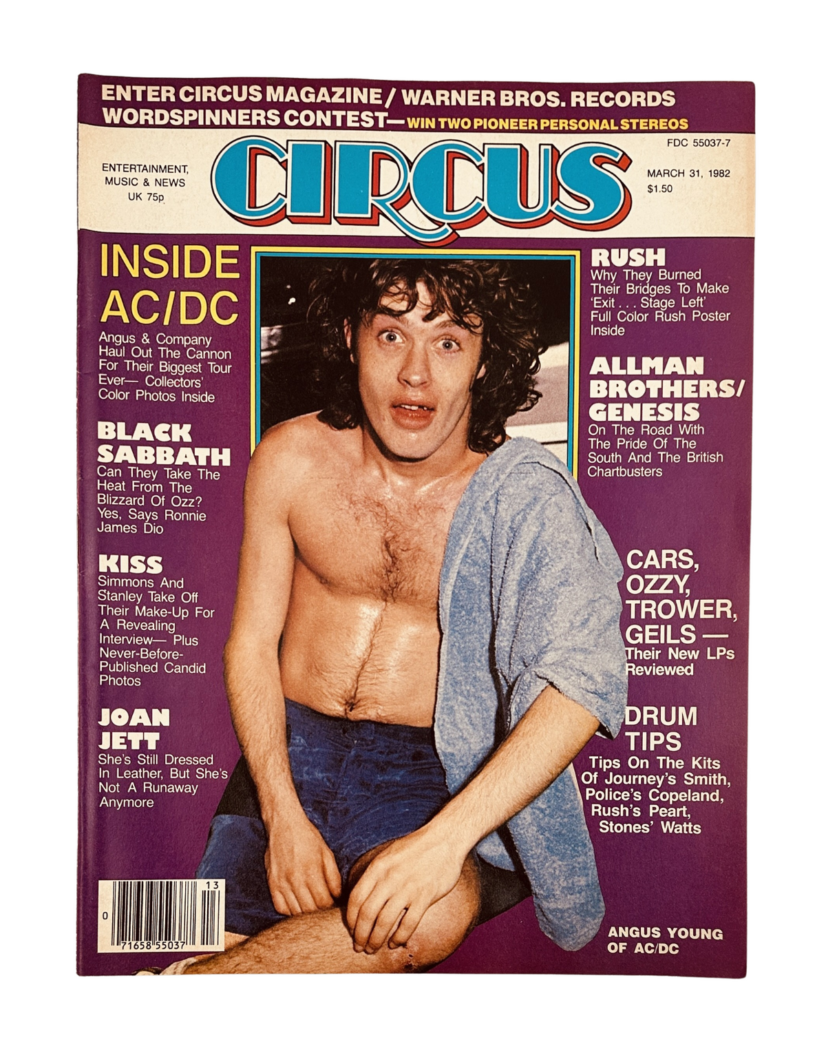 Cover of Circus Magazine, March 31, 1982 featuring Angus Young of AC/DC. The magazine highlights band features including Kiss, Rush, and Black Sabbath alongside a contest promotion.