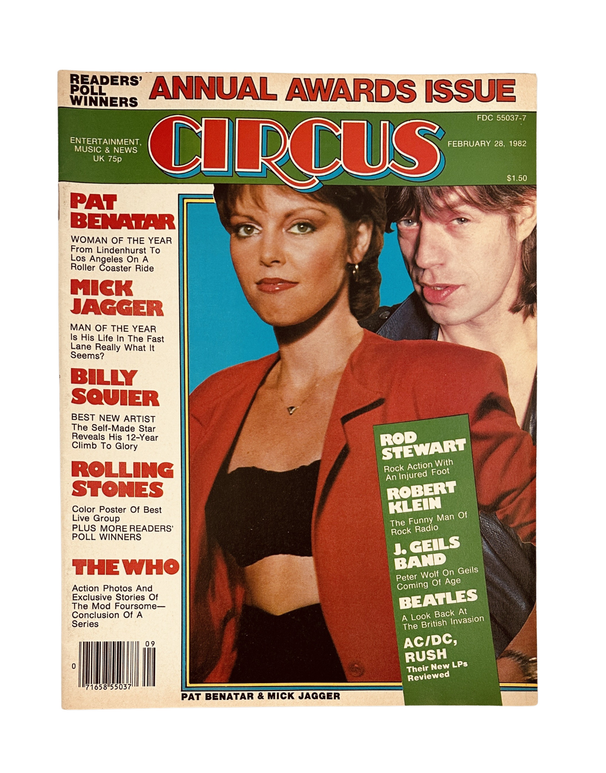 Circus Magazine February 28, 1982 cover featuring Pat Benatar and Mick Jagger, highlighting the Annual Awards Issue.