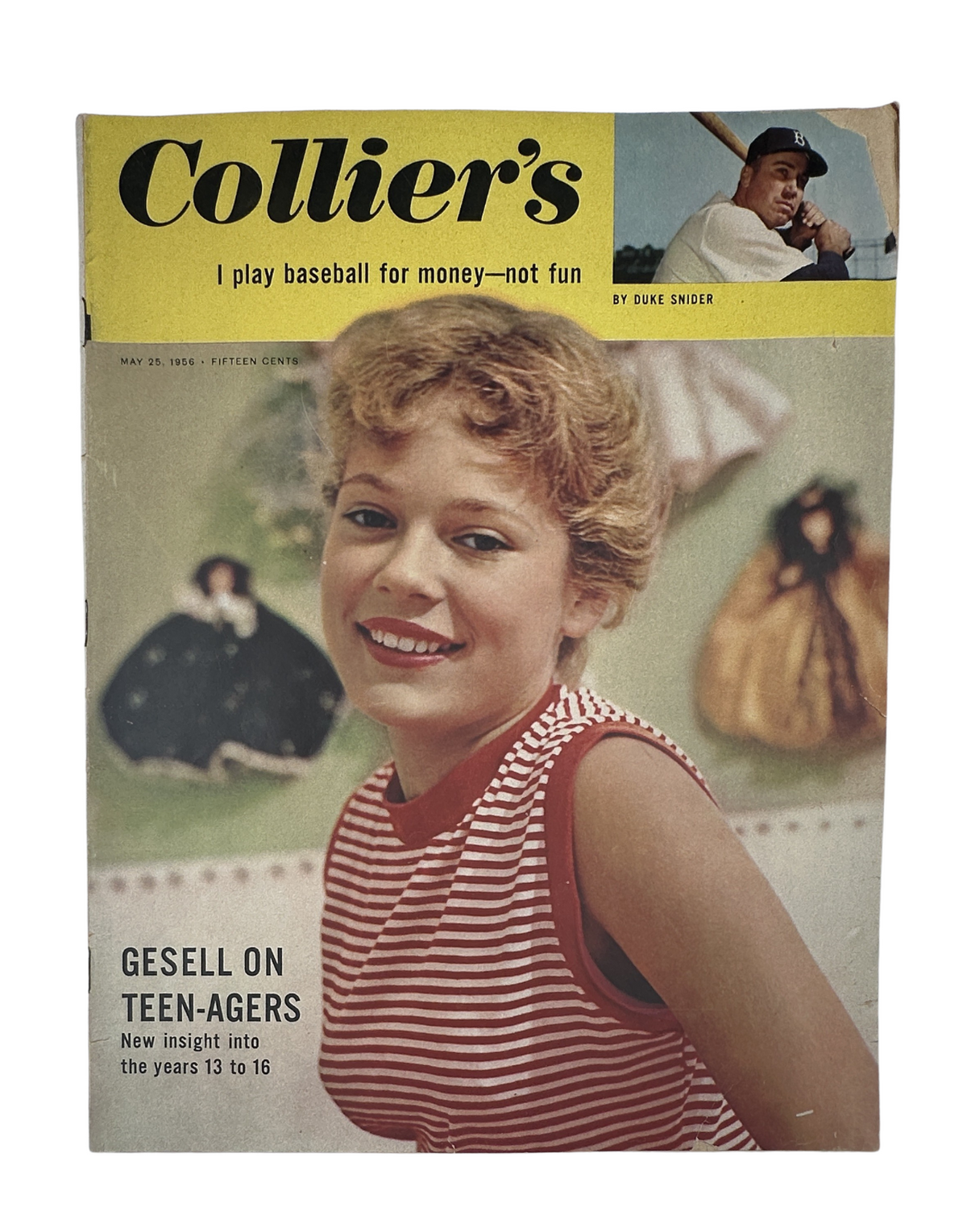 Collier’s Magazine May 25, 1956 cover featuring Duke Snider and a young girl, highlighting the article Gesell on Teen-Agers.