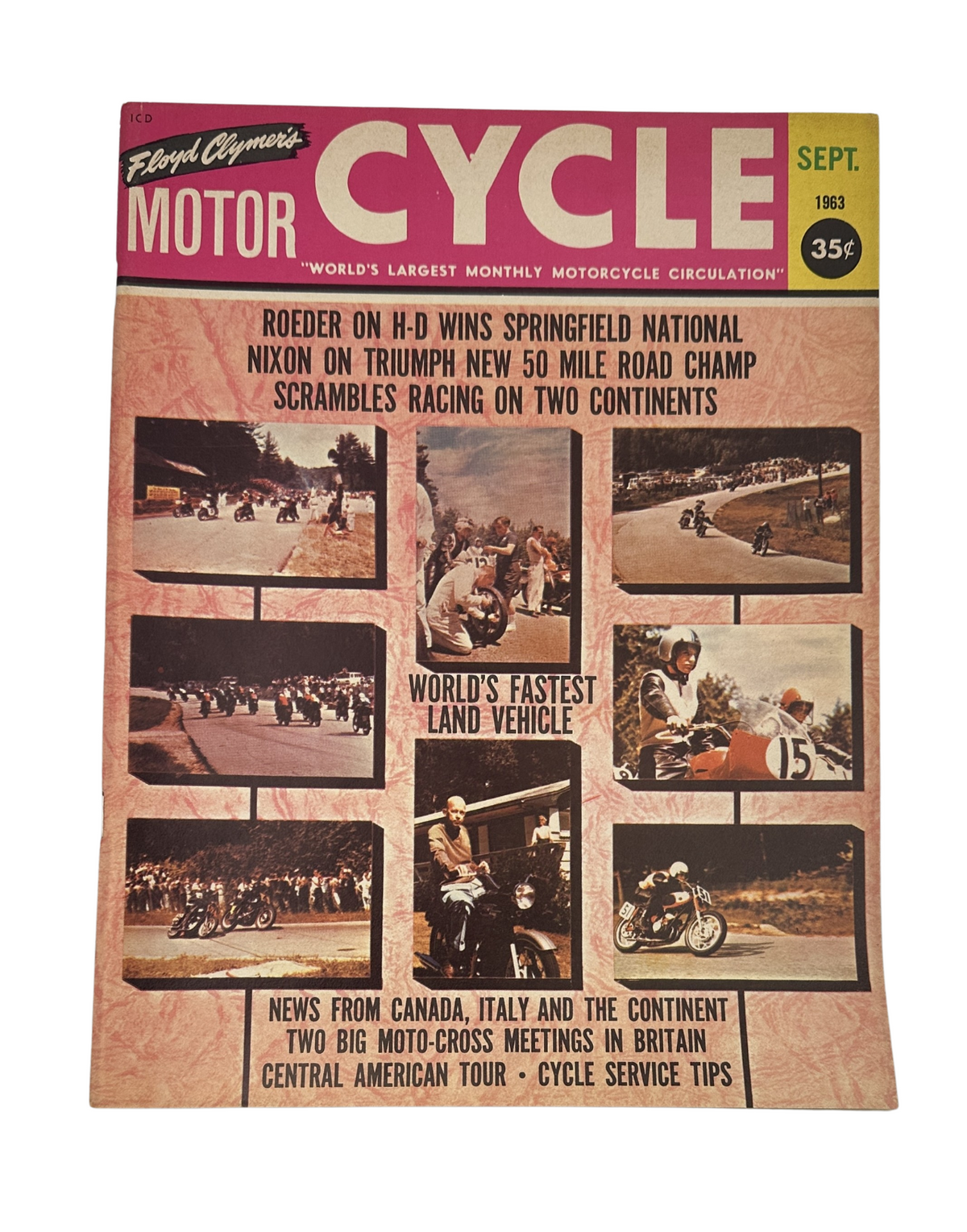 Cycle Magazine September 1963 cover featuring Roeder on H-D wins Springfield National, Nixon triumphs in a 50-mile road race, and highlights of scrambling racing on two continents.