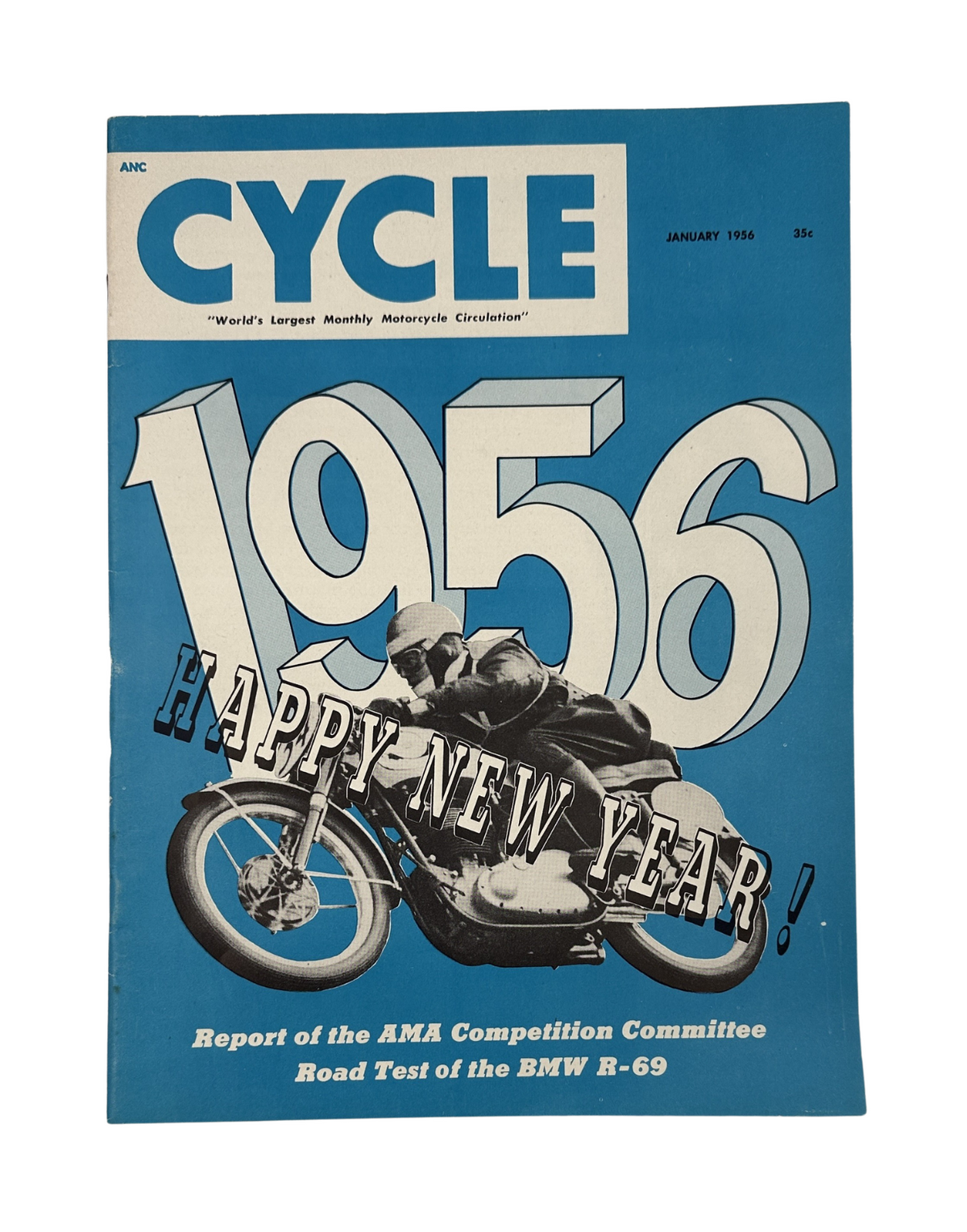 Cycle Magazine January 1956 cover featuring a motorcycle and bold text '1956 HAPPY NEW YEAR!' with a report on the A.M.A. Competition Committee and a road test of the BMW R-69.