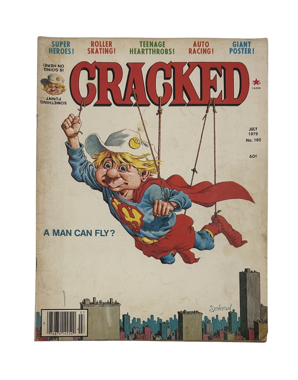 Cracked Magazine No. 160 from July 1979 featuring a parody of superheroes and roller skating, showcasing a whimsical cover illustration with a flying character in a superhero outfit. This copy is graded Very Good (VG 4.0) and includes a giant poster.