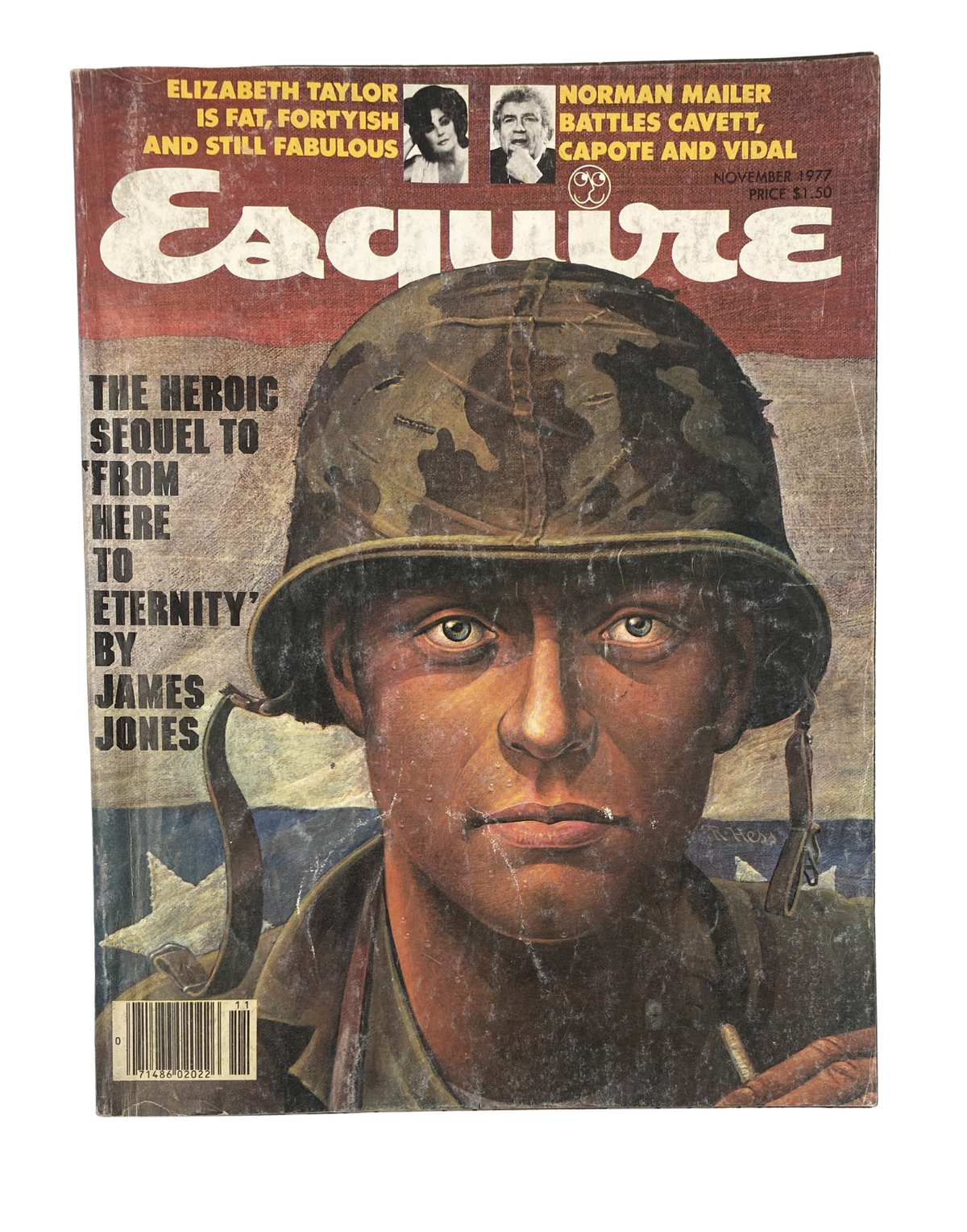 Cover of Esquire Magazine from November 1977 featuring an illustration of a soldier, with highlights on Elizabeth Taylor, Norman Mailer, and James Jones. The cover discusses themes of war and personal stories.