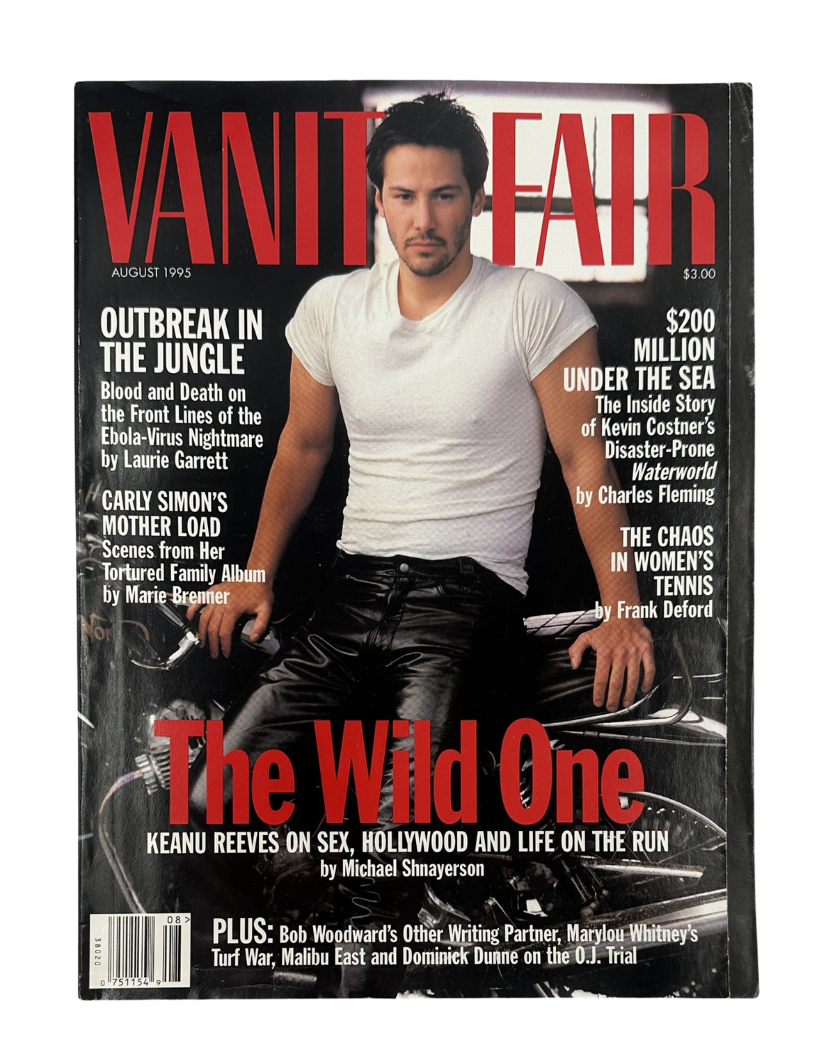 Vanity Fair Magazine Cover from August 1995 featuring Keanu Reeves. The cover highlights the article 'The Wild One' by Michael Shnayerson, discussing Reeves's life and career, alongside other featured topics.