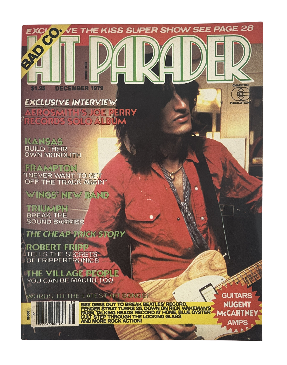 Hit Parader Magazine December 1979 featuring Aerosmith and Joe Perry. The cover highlights interviews with prominent musicians and key articles including 'The Kiss Super Show' and 'Kansas Build Their Own Monolith'. In very good condition with light edge wear, includes original centerfold.