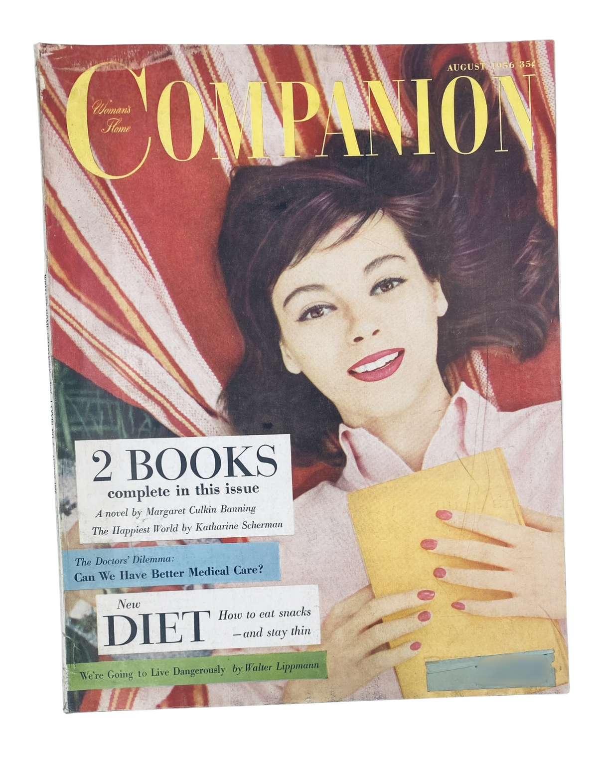 Woman’s Home Companion Magazine August 1956 cover featuring a woman in a red and white striped background, holding a yellow notebook. Highlights include two complete books, a novel by Margaret Culkin Banning and an article on medical care.