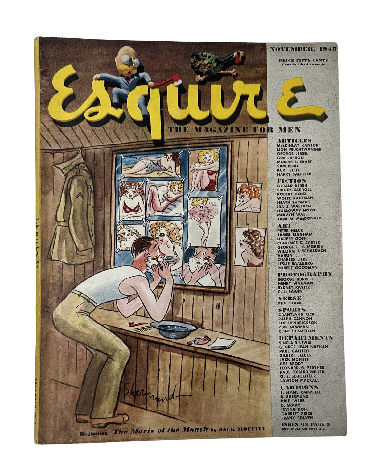 Esquire Magazine cover from November 1945 featuring a Varga pinup artwork, showcasing a man grooming himself while admiring several depicted pinup girls in a stylish vintage setting.
