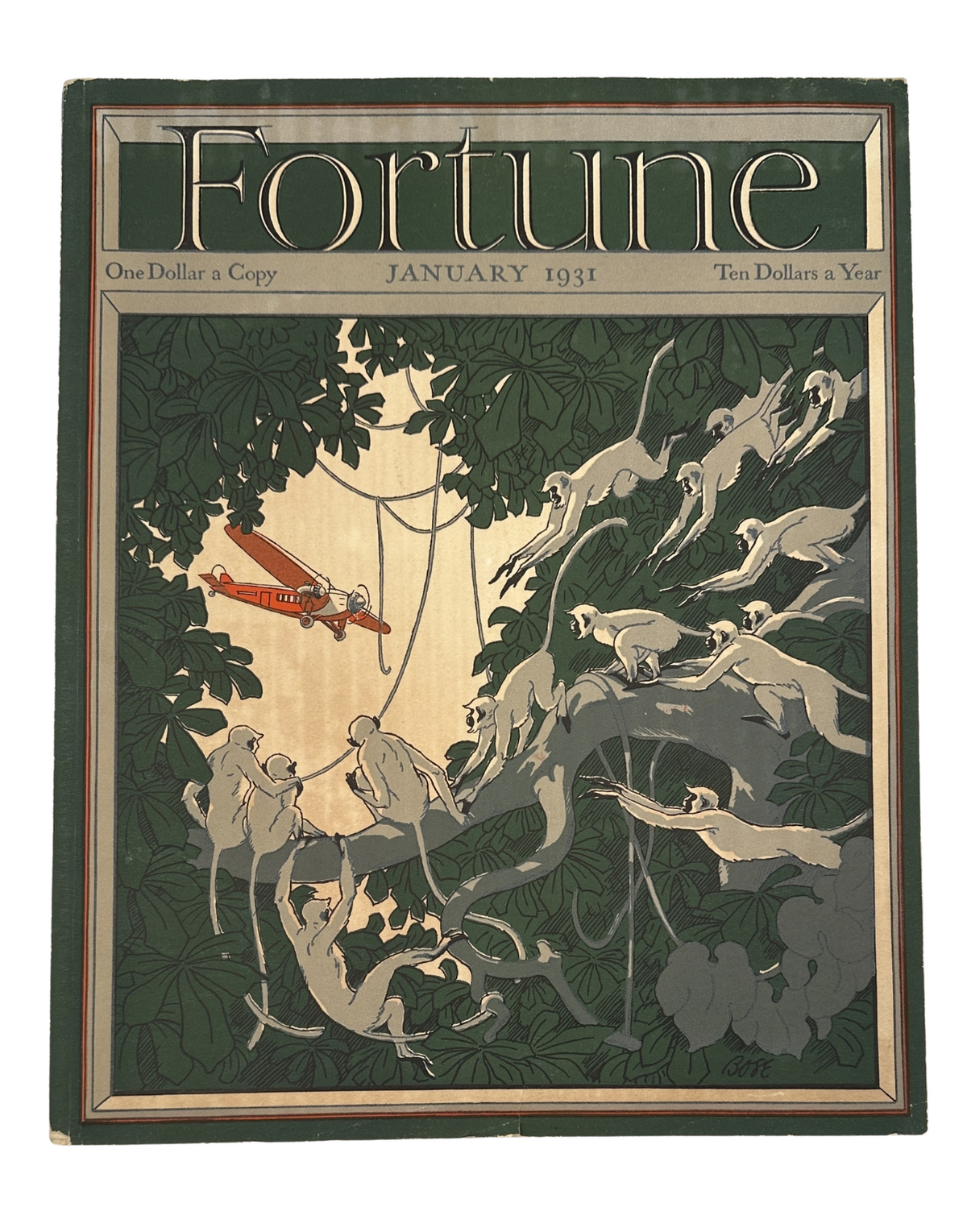 Cover of Fortune Magazine January 1931 featuring monkeys and an airplane over a lush jungle scene. The title reads 'Fortune' prominently at the top, alongside 'One Dollar a Copy' and 'Ten Dollars a Year'.