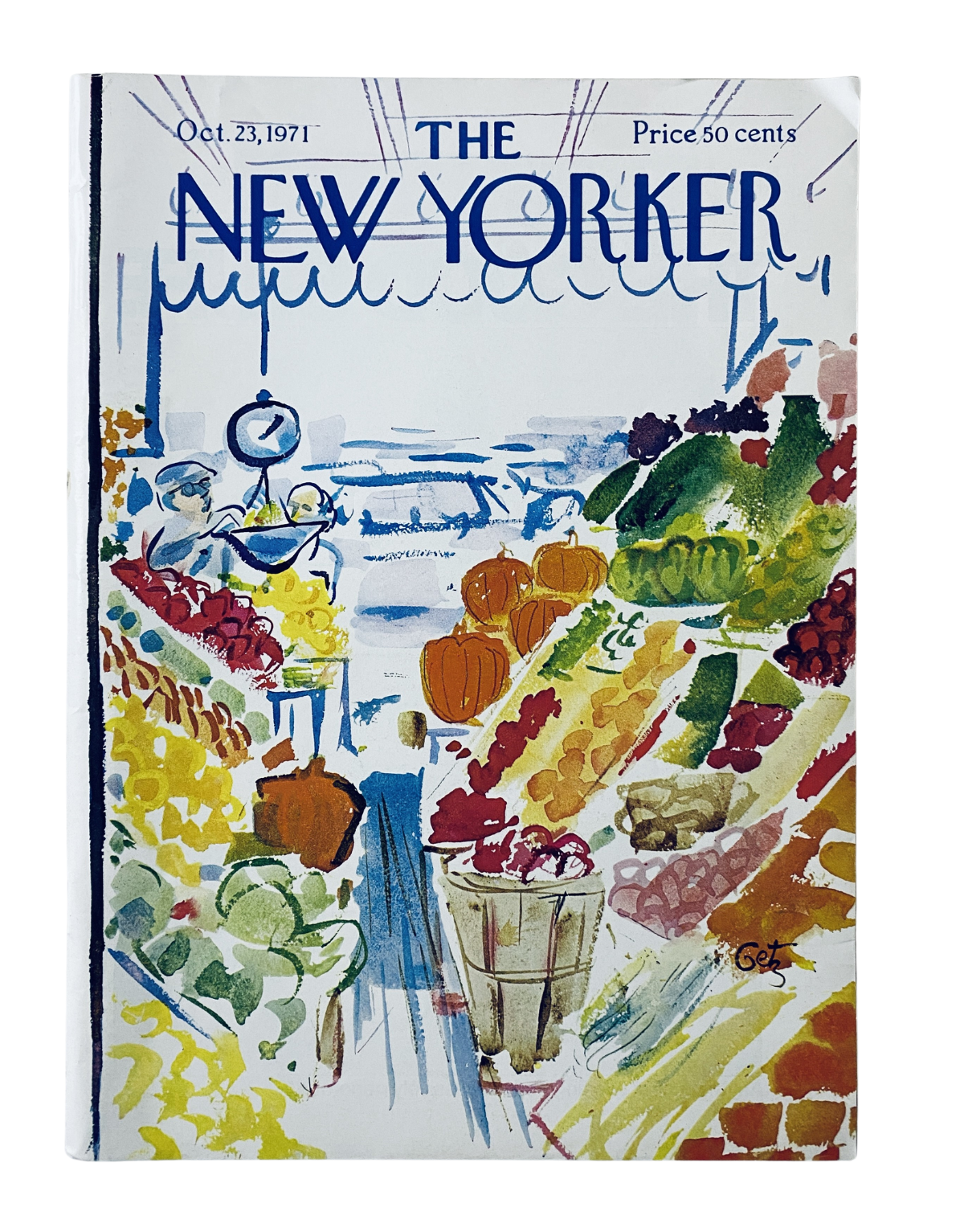 Cover of The New Yorker Magazine, October 23, 1971, featuring an illustrated market scene with various vegetables by Arthur Getz. The magazine is noted for its vintage art and design.