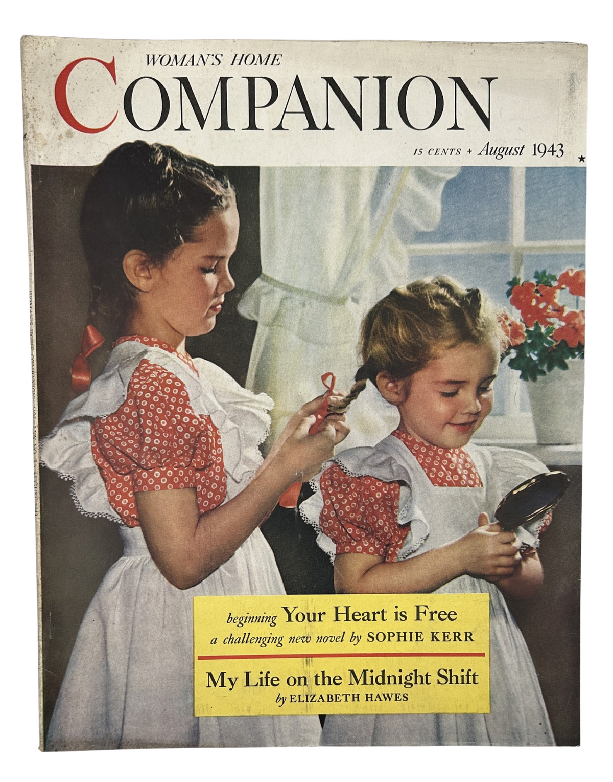 Cover of Woman's Home Companion Magazine, August 1943 featuring children and the title 'Your Heart Is Free' by Sophie Kerr, along with 'My Life on the Midnight Shift' by Elizabeth Hawes.