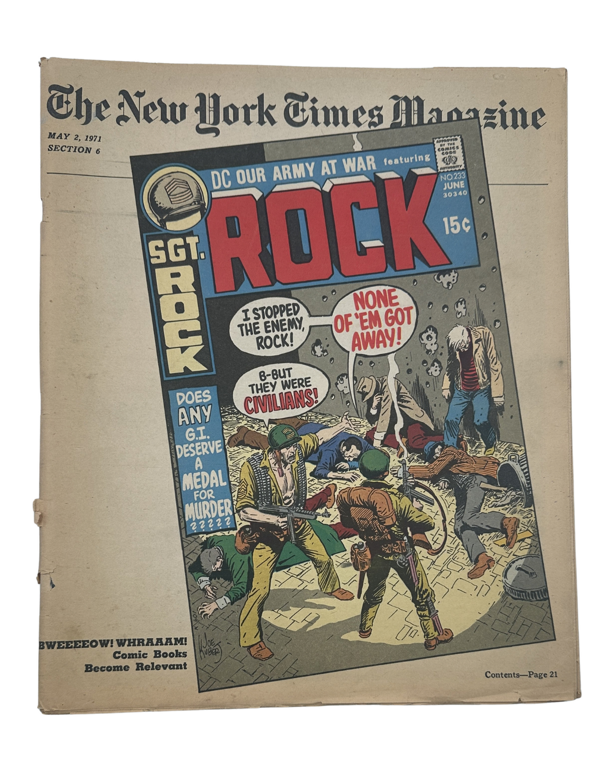 Cover of The New York Times Magazine dated May 2, 1971 featuring the Sergeant Rock Vietnam comics, showcasing a dramatic illustration of soldiers in a combat scene.