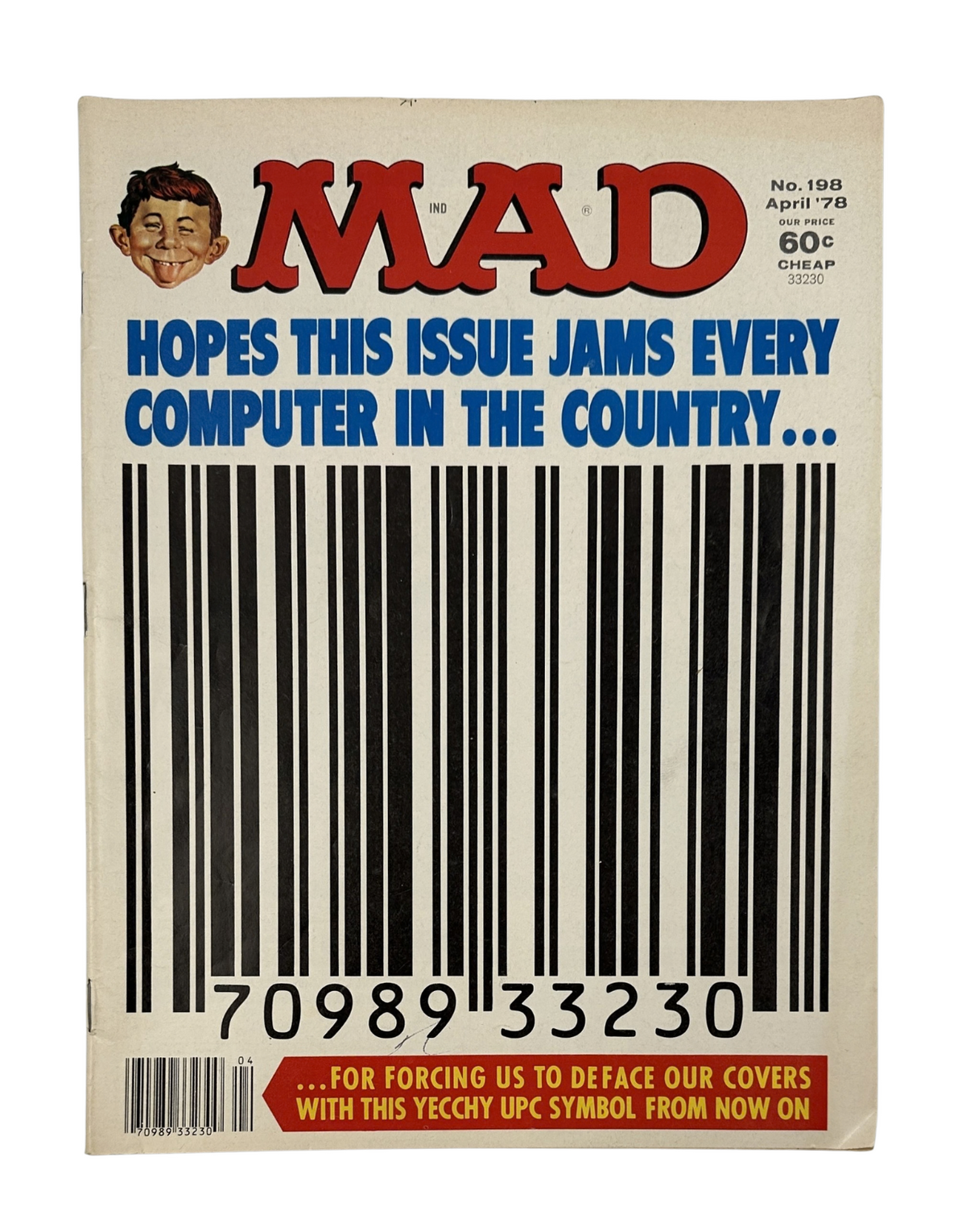 MAD Magazine No. 198 April 1978 cover featuring a humorous barcode design with the caption 'Hopes this issue jams every computer in the country'.