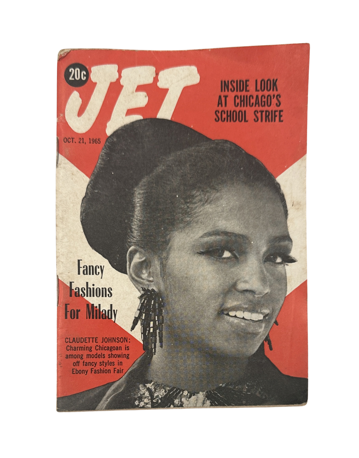 Jet Magazine October 21, 1965 cover featuring Claudette Johnson showcasing fancy fashions with a highlight on Chicago's school strife.