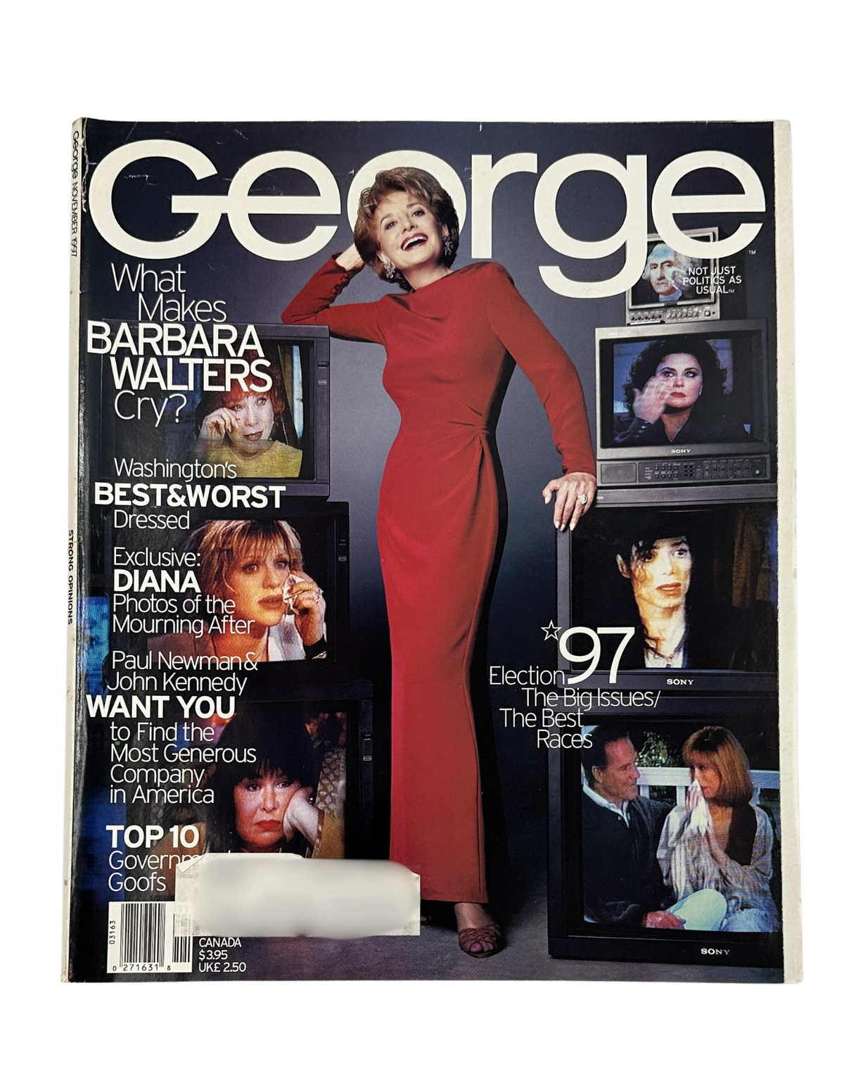 George Magazine November 1997 cover featuring Barbara Walters in a red gown, surrounded by TV monitors, highlighting her interview feature 'What Makes Barbara Walters Cry?' and topics on Election 97, politics, and Diana.