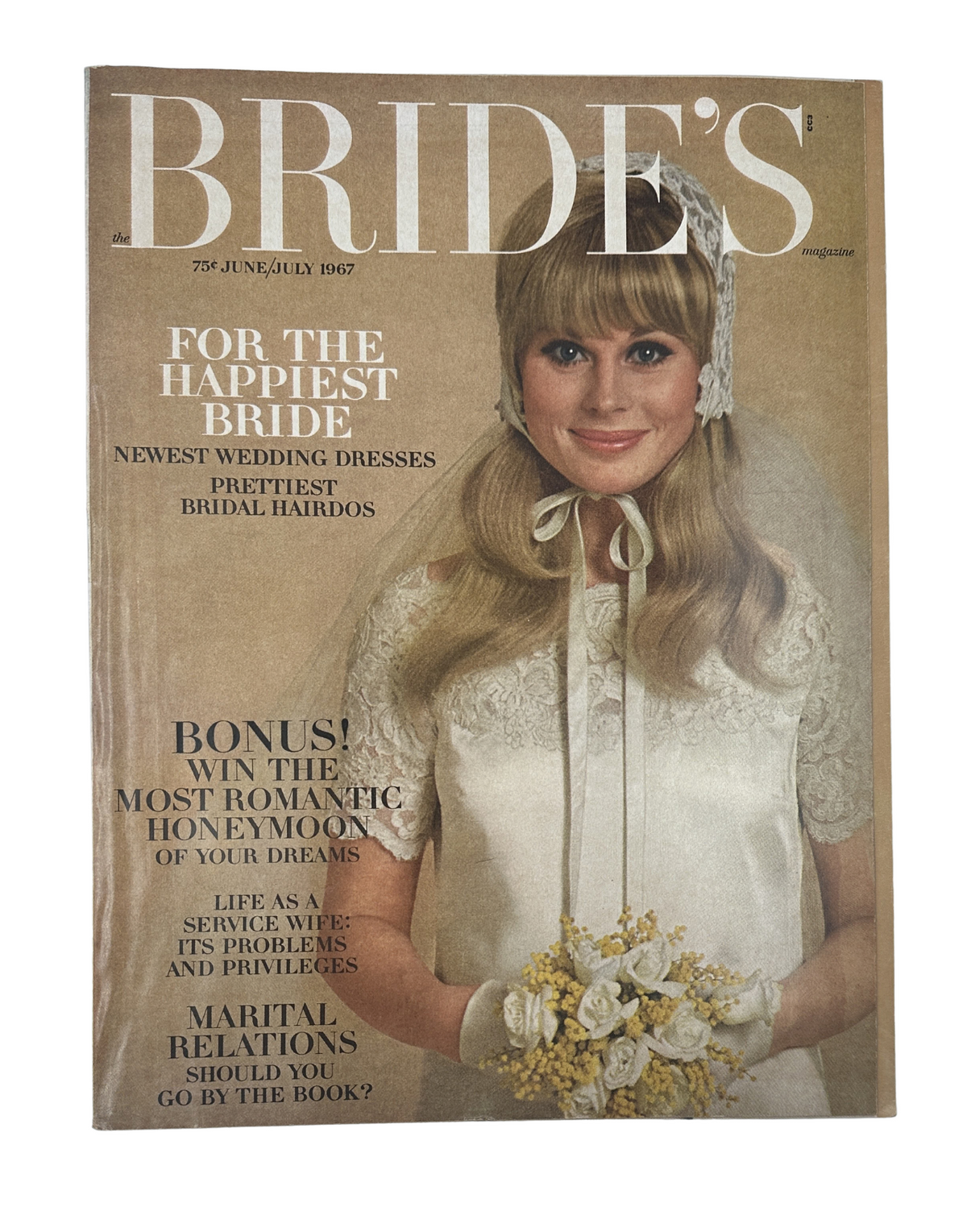 Bride's Magazine June/July 1967 featuring the happiest bride with the newest wedding dresses and prettiest bridal hairdos. This cover image showcases a smiling bride in a beautiful gown and veil, holding a bouquet.