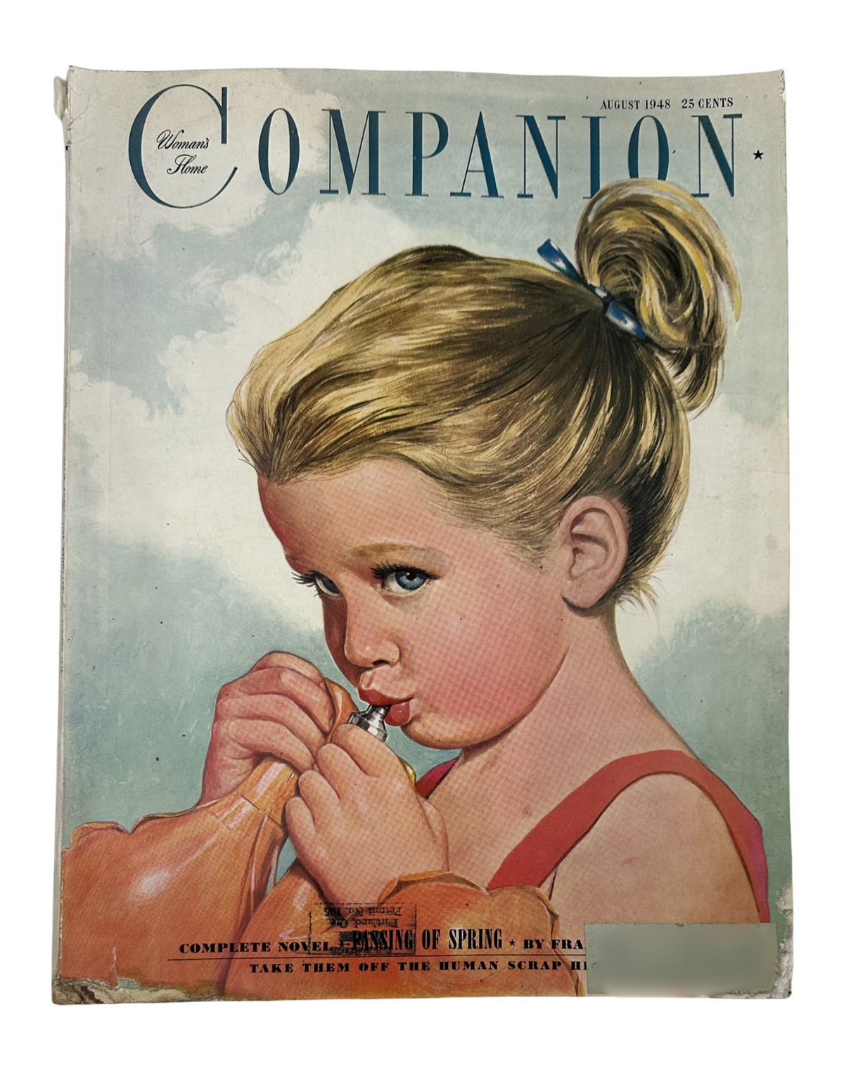 Cover of Woman's Home Companion Magazine August 1948 featuring a young girl with a ponytail holding a plastic bag, portraying the novel 'Passing of Spring' by Frances Malm.